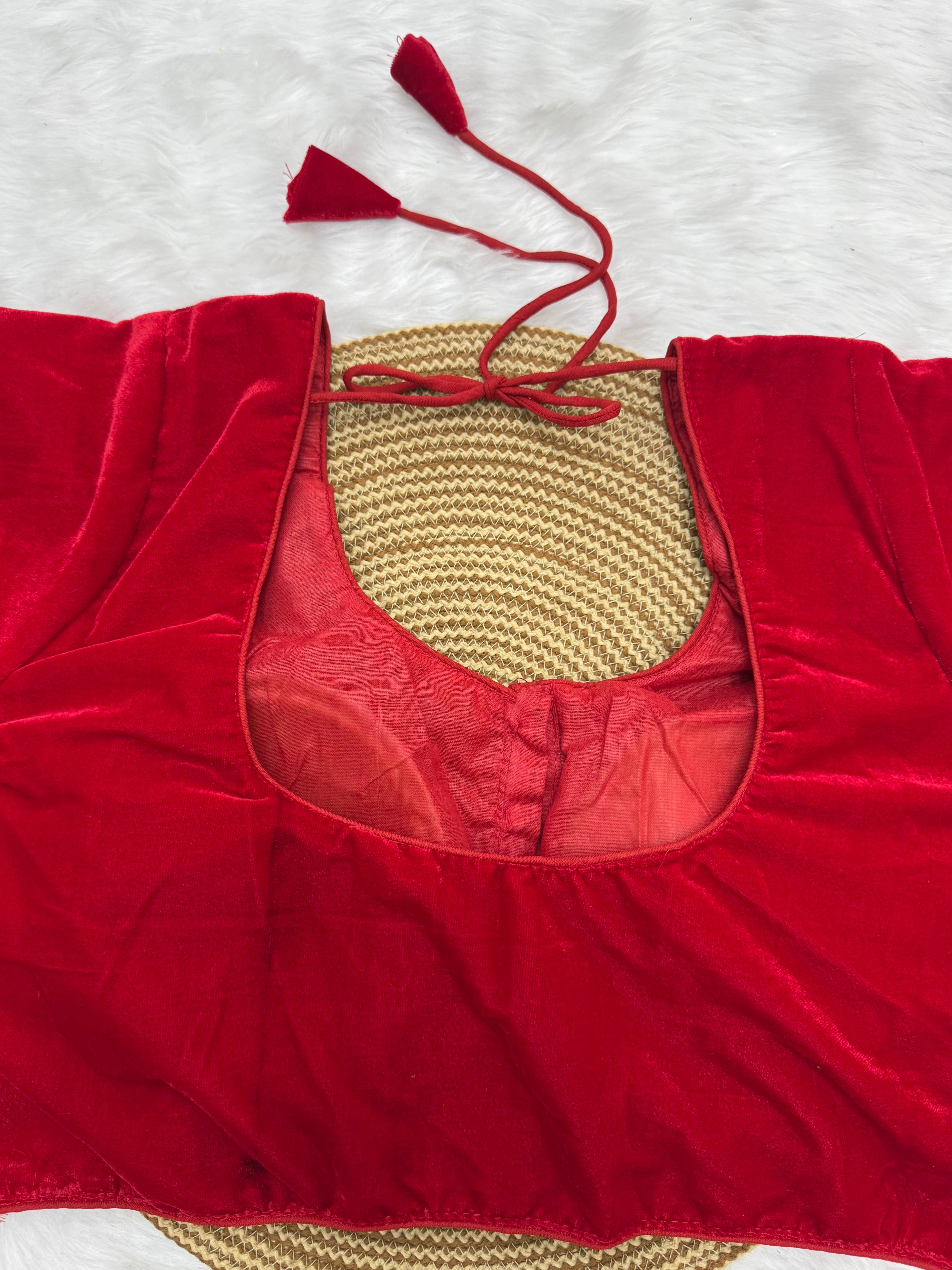 DESIGNER VELVET READY TO WEAR SAREE BLOUSE - RED