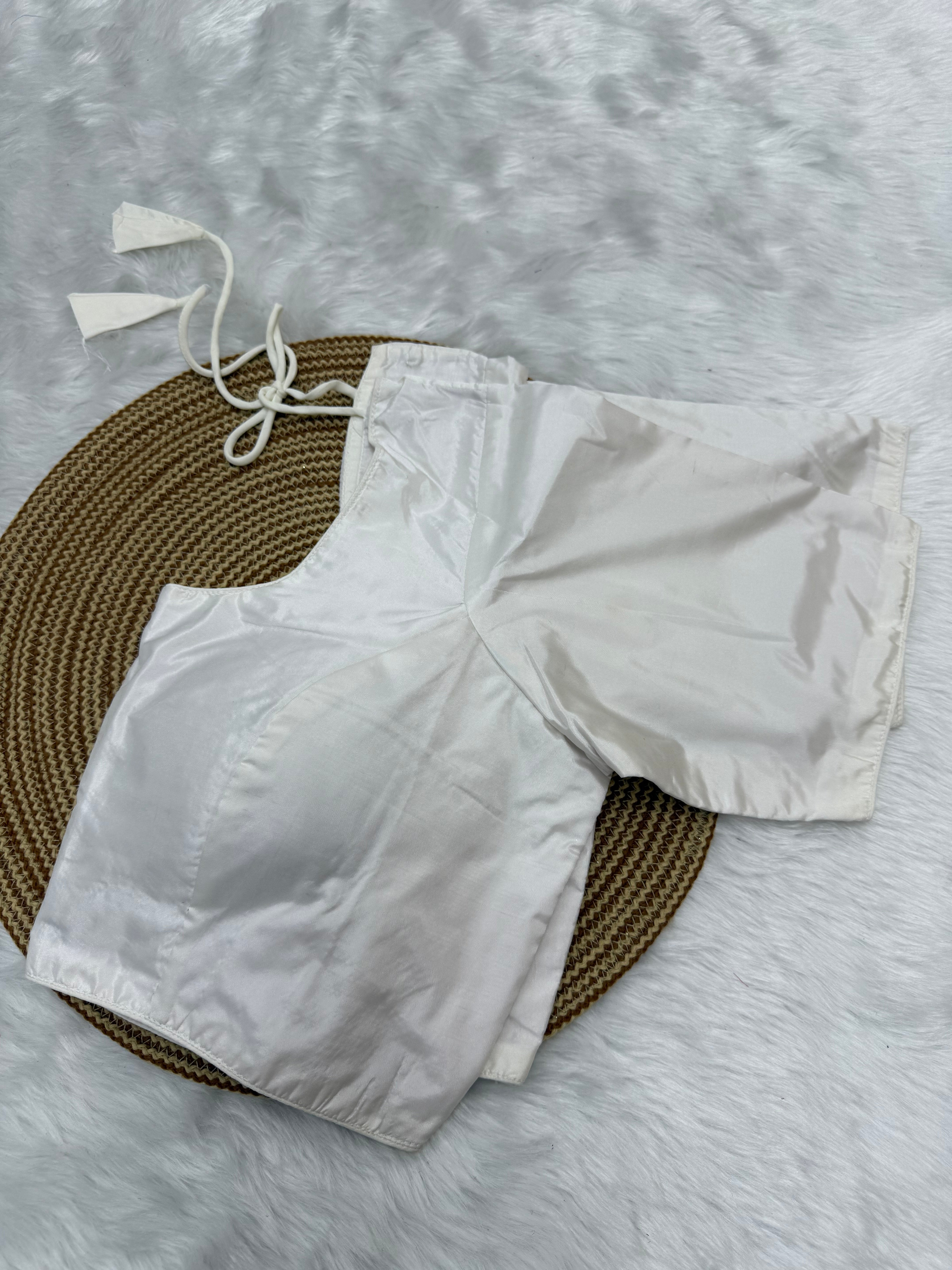 PLAIN SILK READY TO WEAR SAREE BLOUSE - WHITE