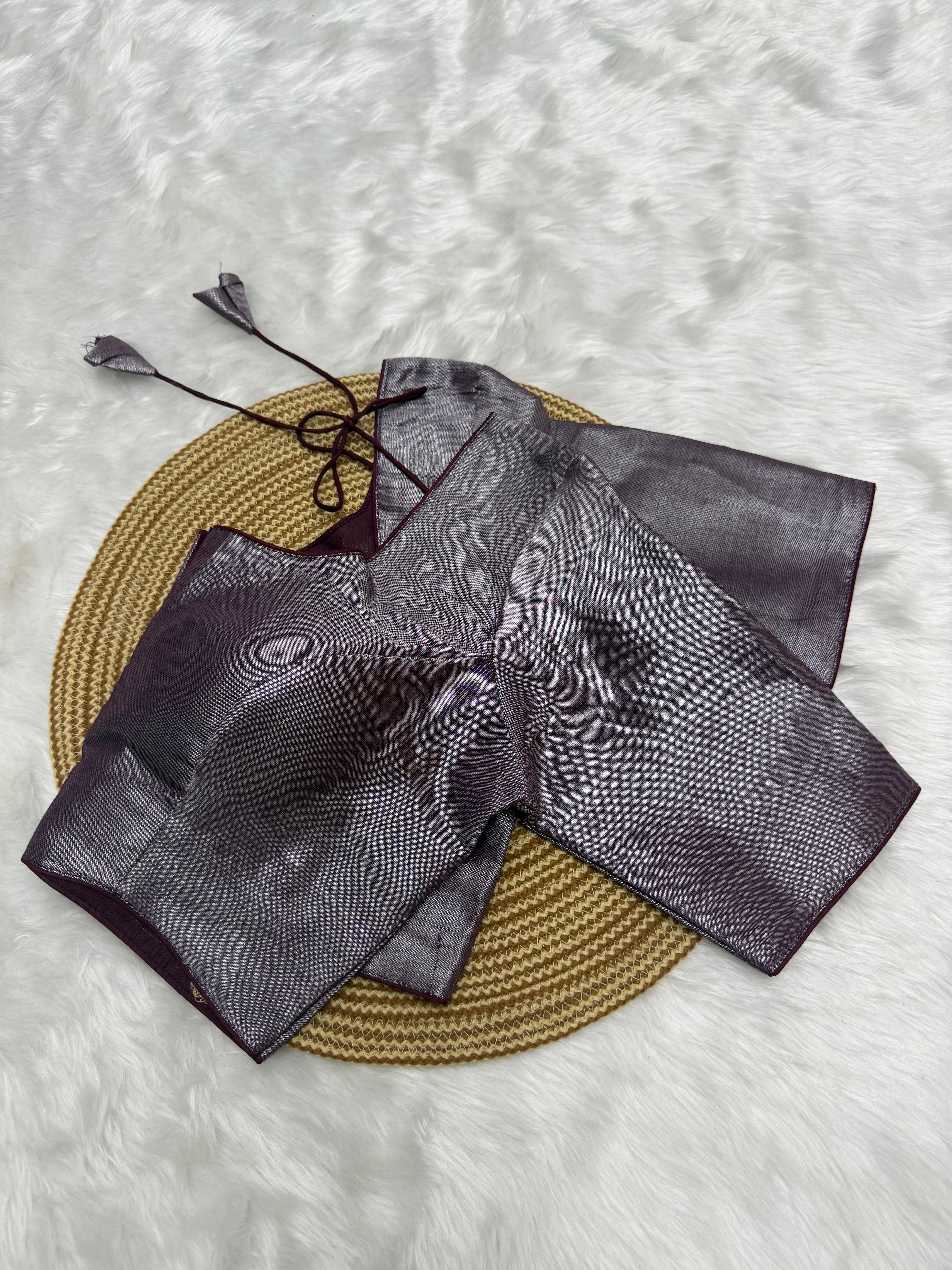 PLAIN SILK COTTON READY TO WEAR SAREE BLOUSE - BROWN & SILVER