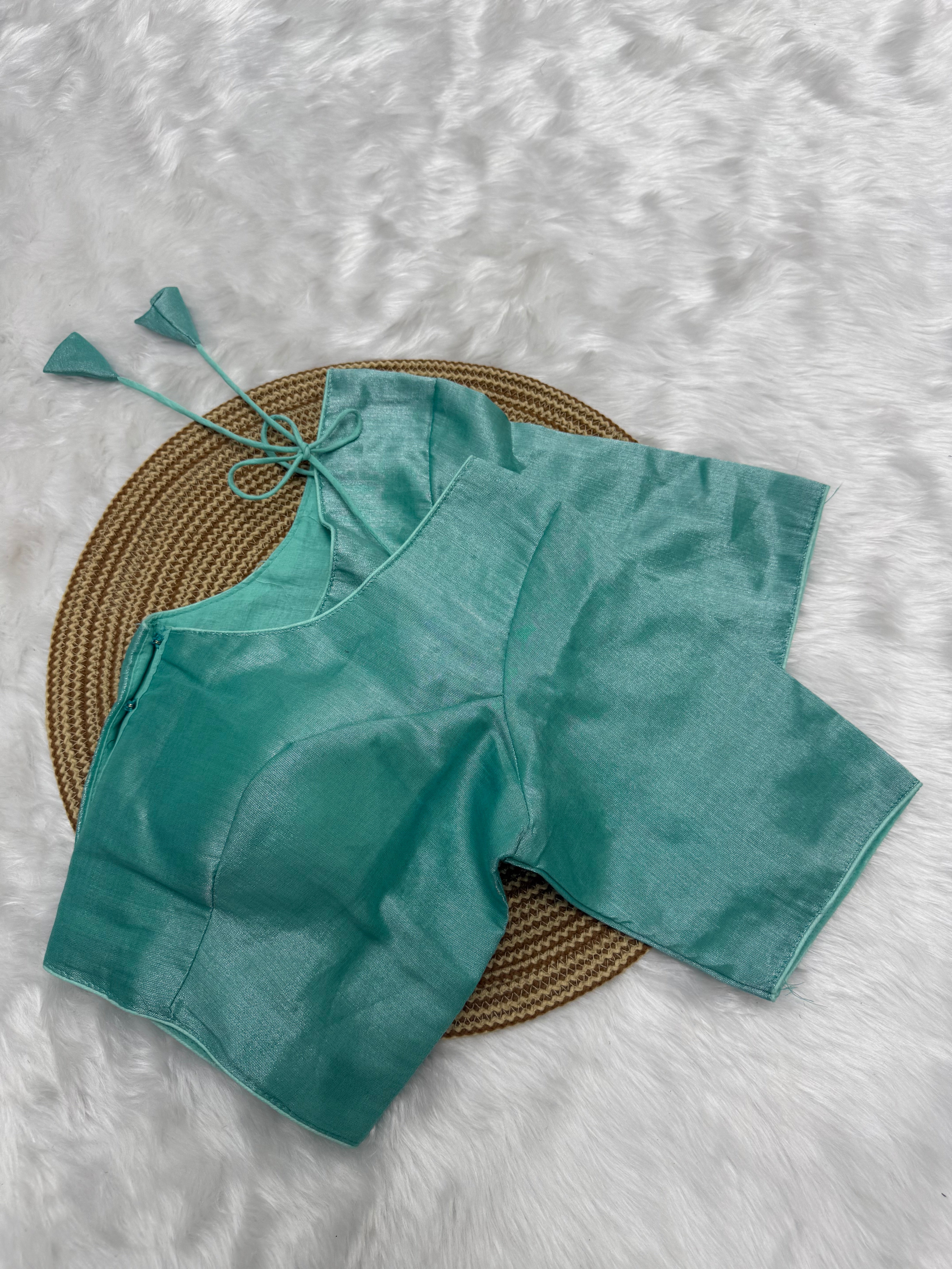 PLAIN SILK COTTON READY TO WEAR SAREE BLOUSE - AQUA BLUE