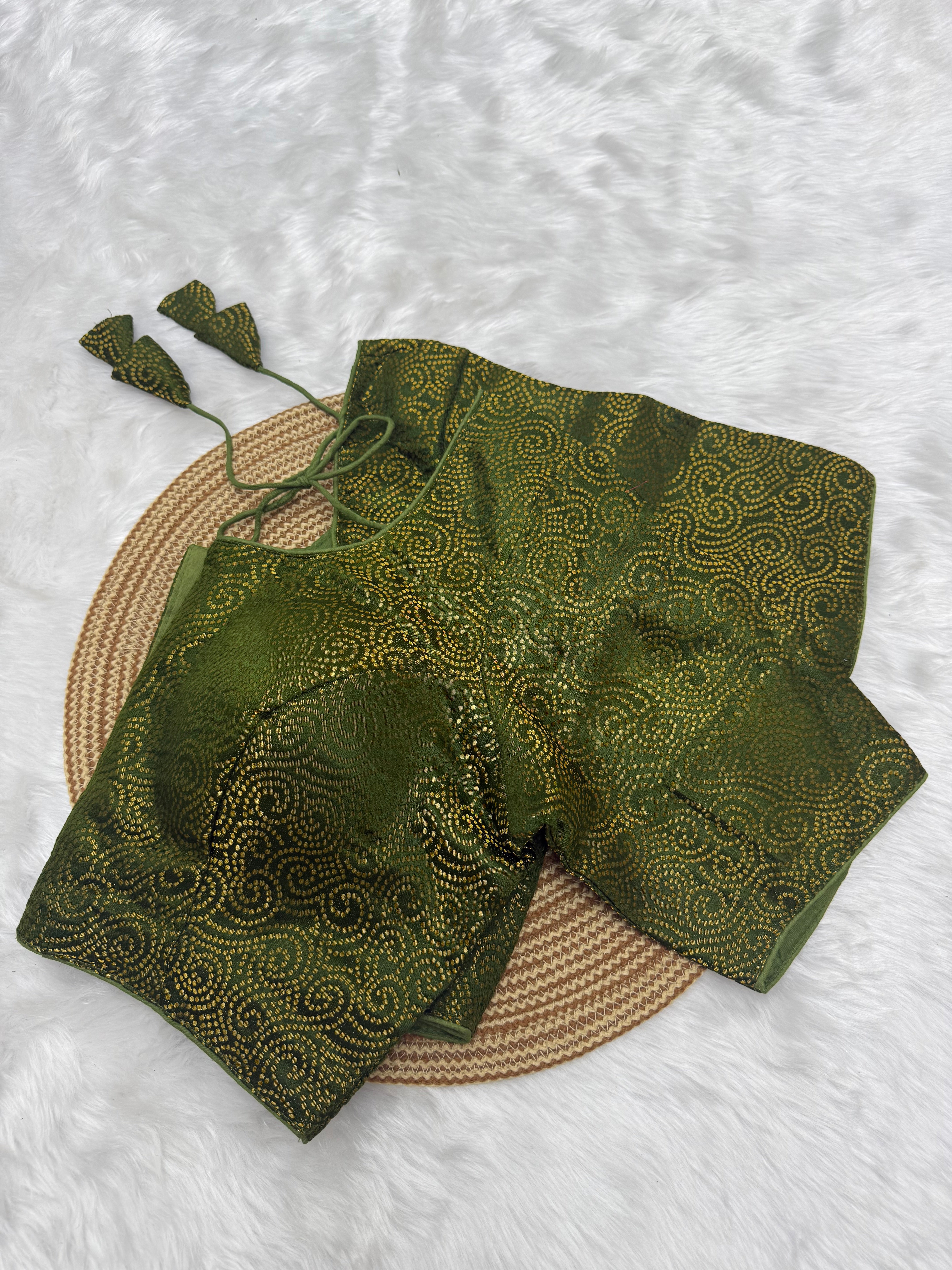 JACQUARD SILK READY TO WEAR SAREE BLOUSE - GREEN