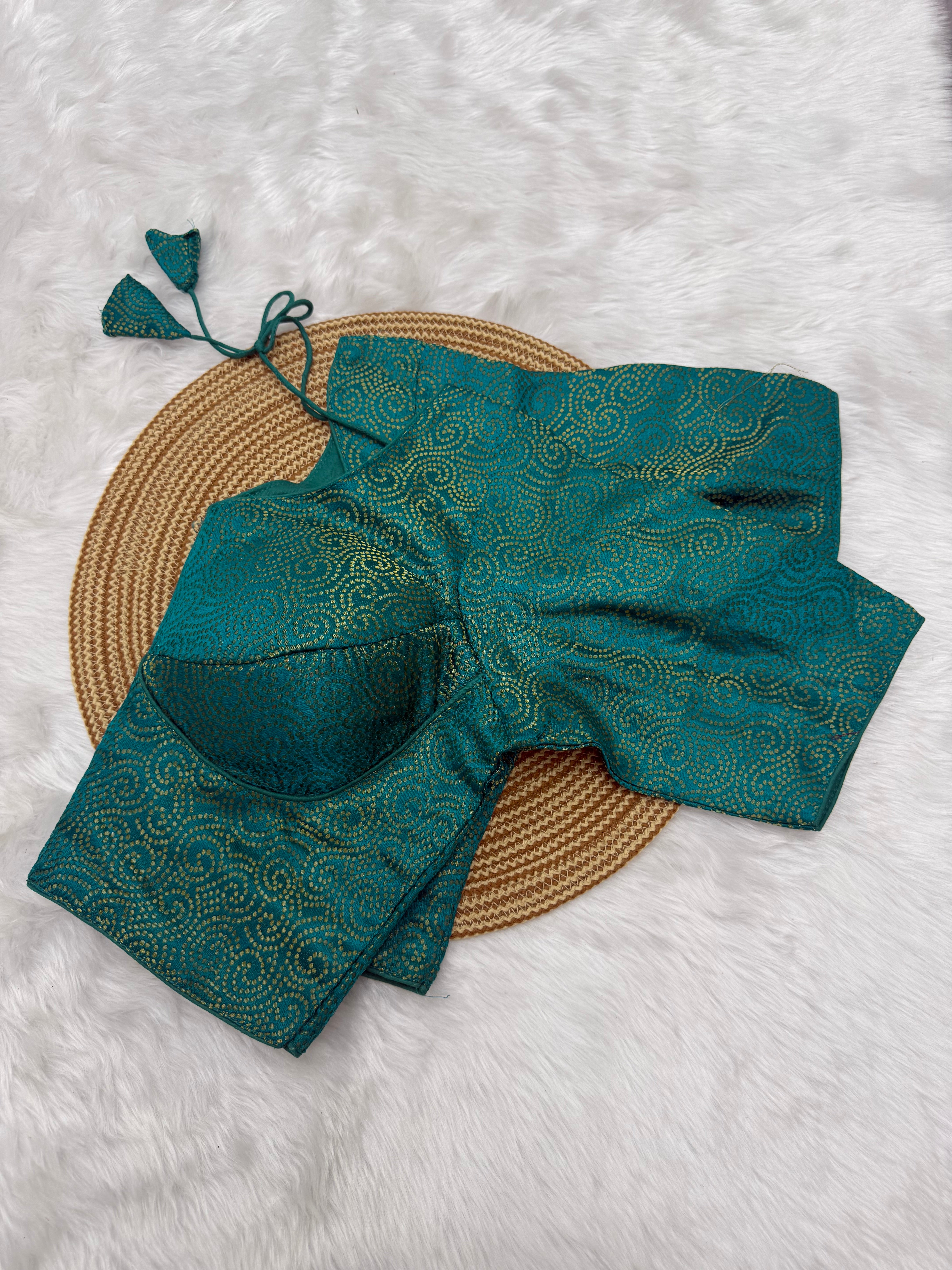 JACQUARD SILK READY TO WEAR SAREE BLOUSE - TEAL