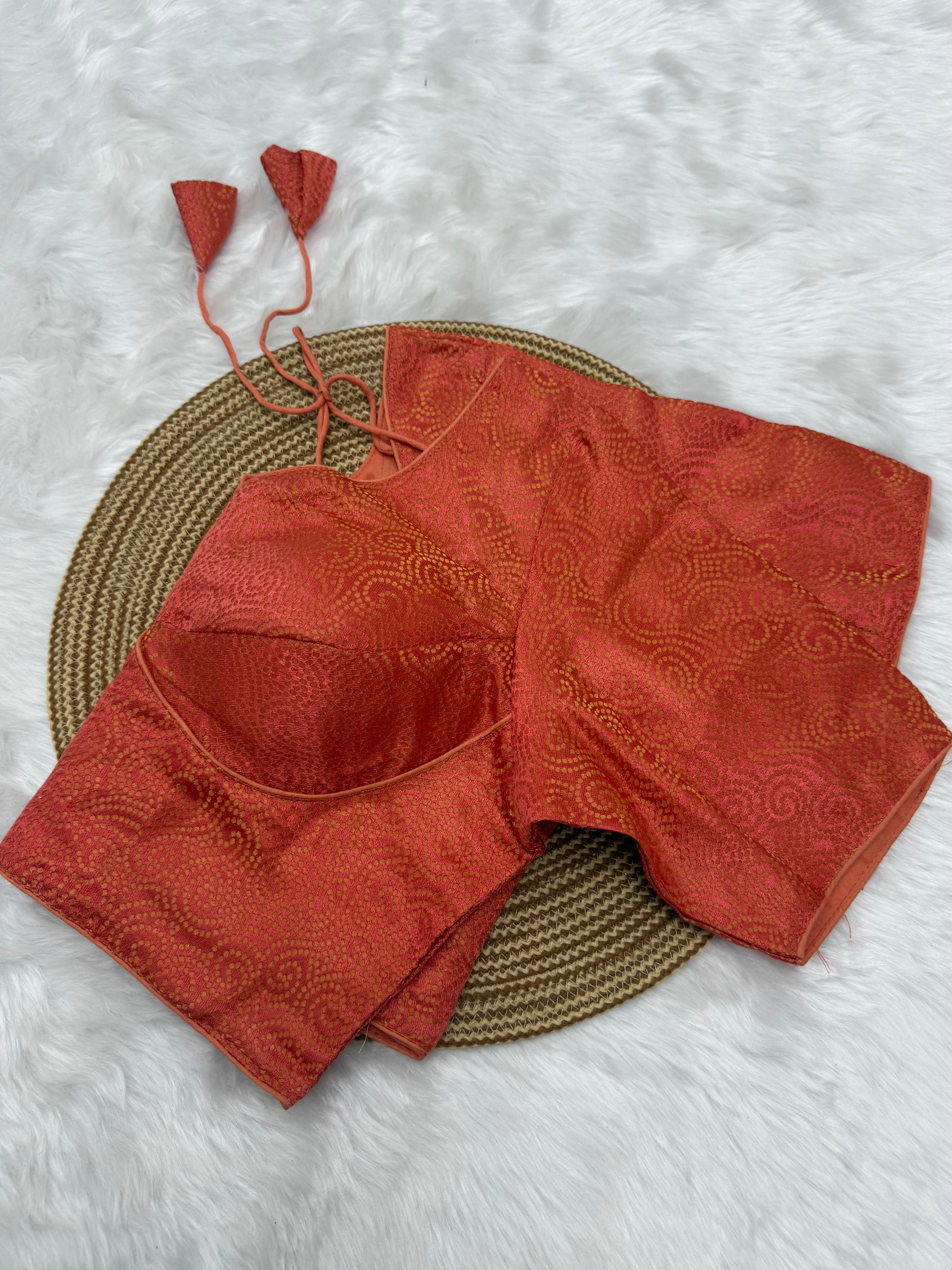 JACQUARD SILK READY TO WEAR SAREE BLOUSE -BURNT PEACH