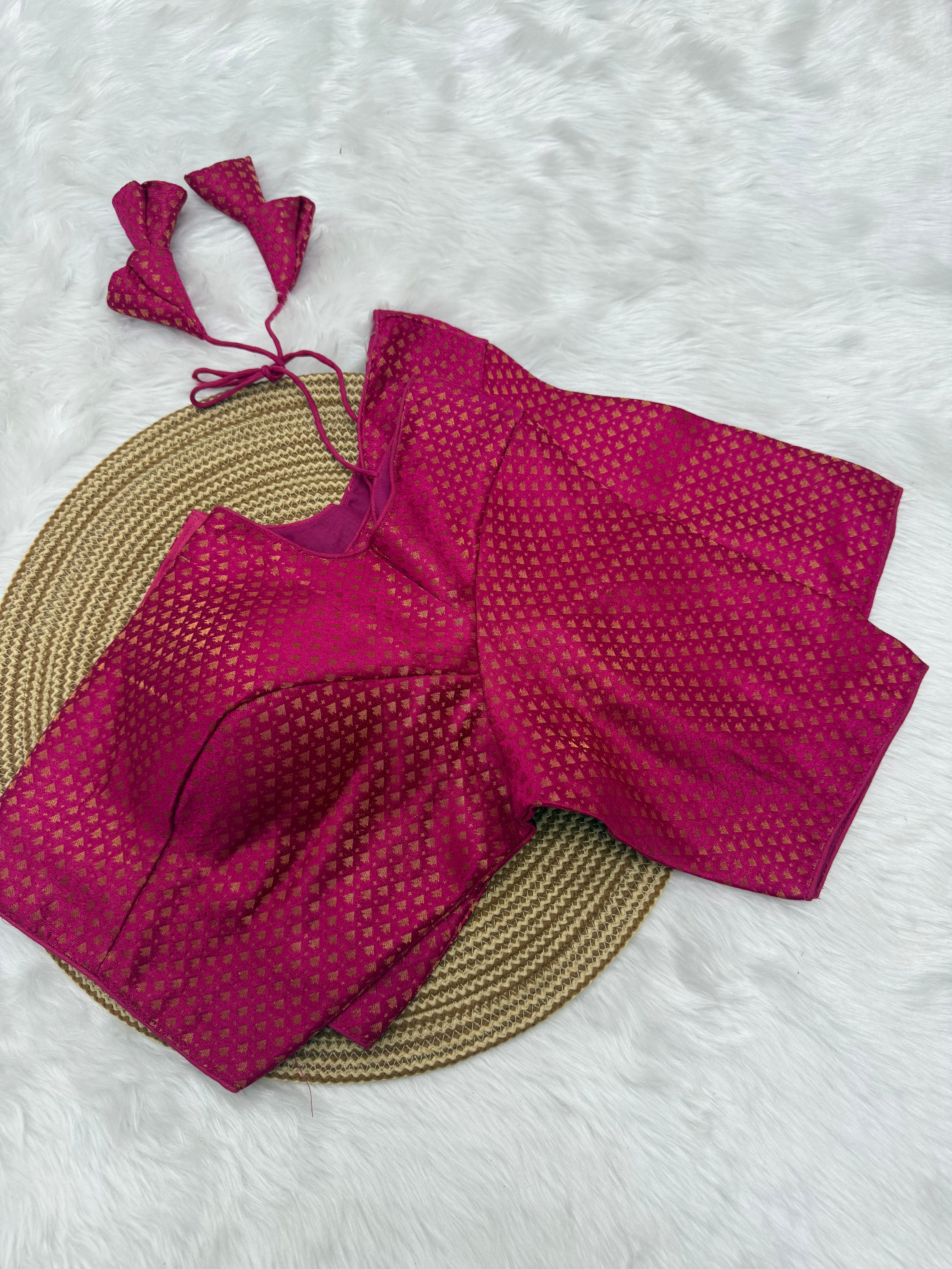 JACQUARD SILK READY TO WEAR SAREE BLOUSE - RANI PINK