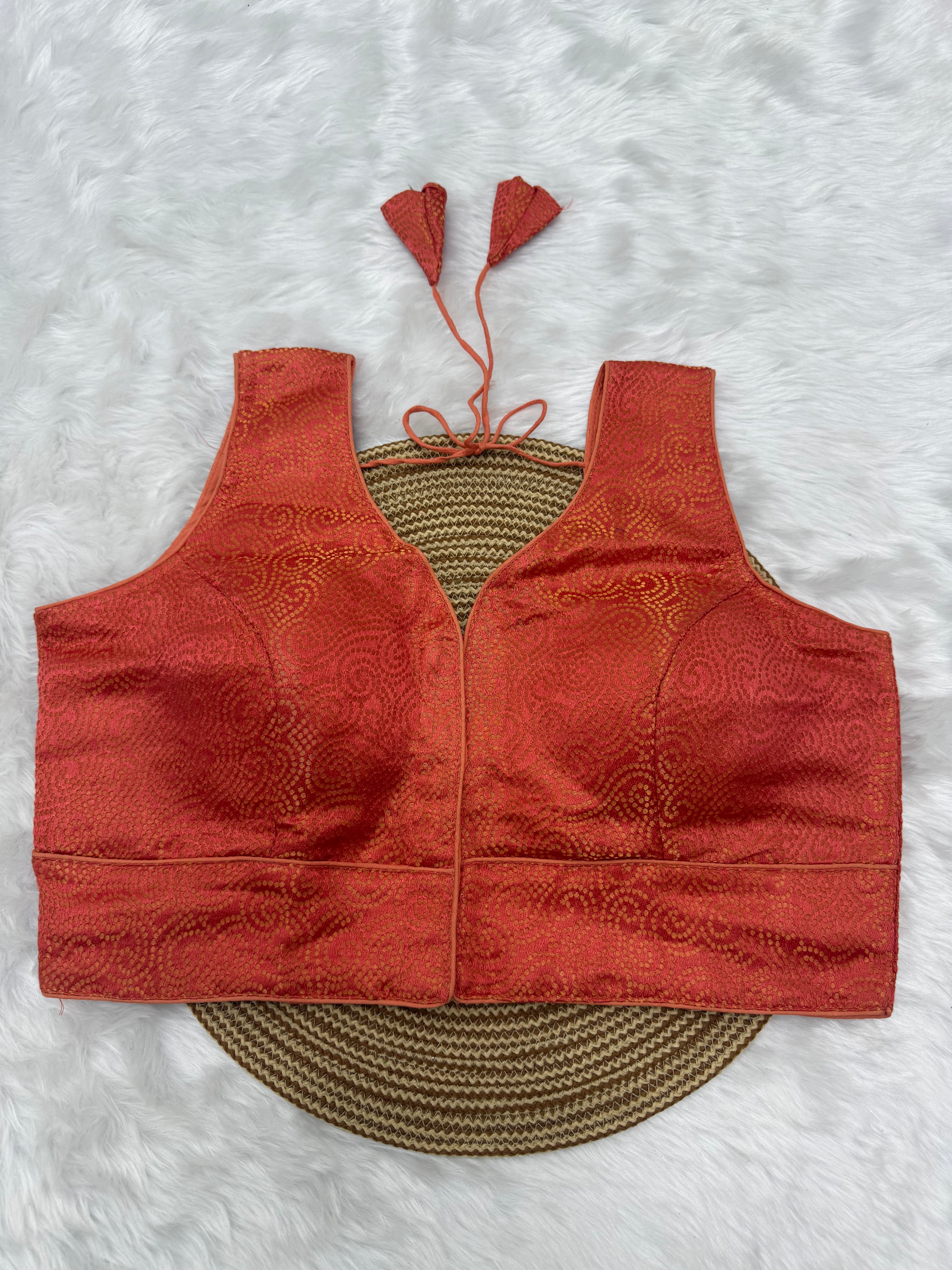 SLEEVELESS JACQUARD READYMADE SAREE BLOUSE - BURNT PEACH