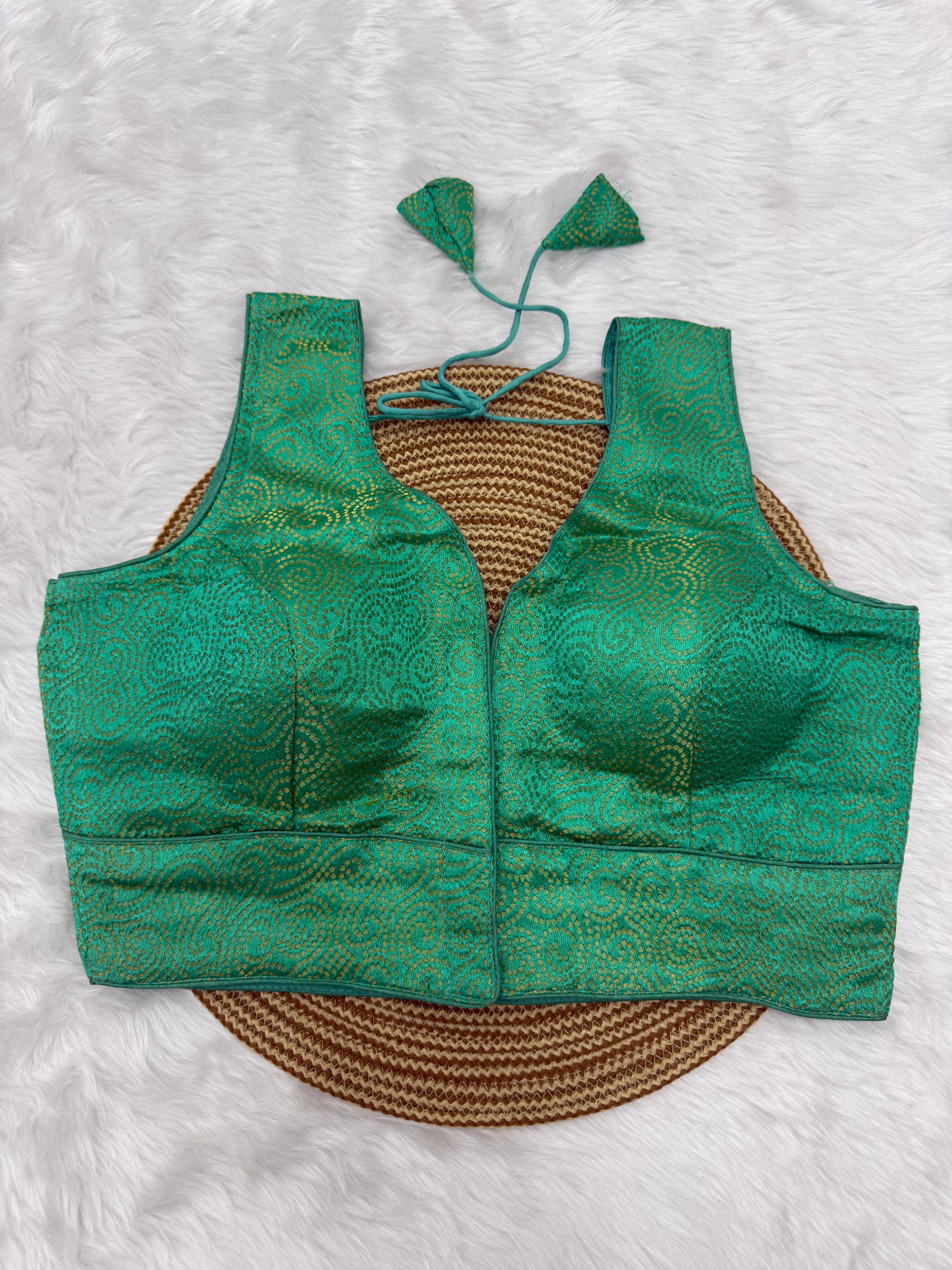 SLEEVELESS JACQUARD READYMADE SAREE BLOUSE - TURQUOISE GREEN