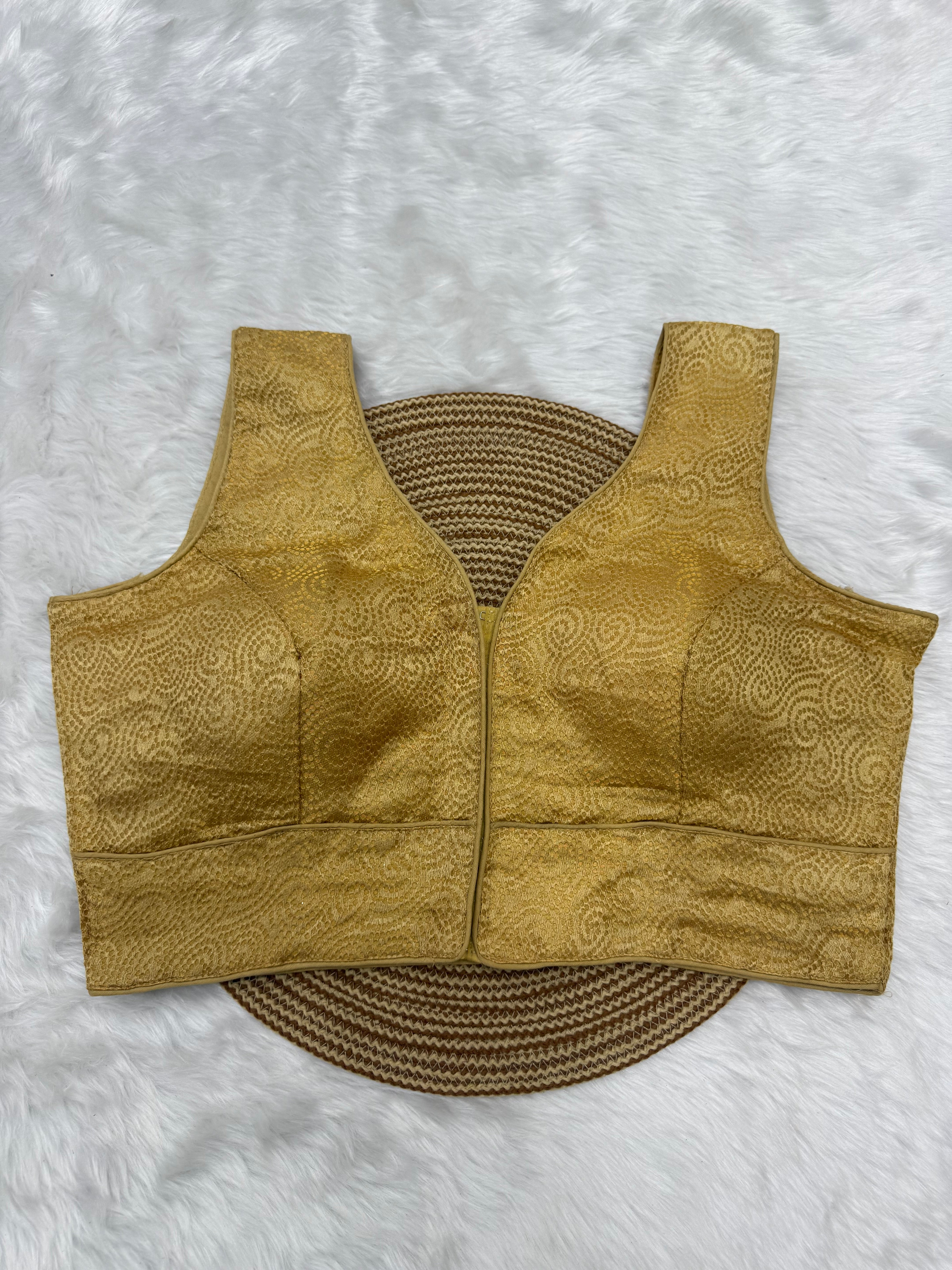SLEEVELESS JACQUARD READYMADE SAREE BLOUSE - GOLD