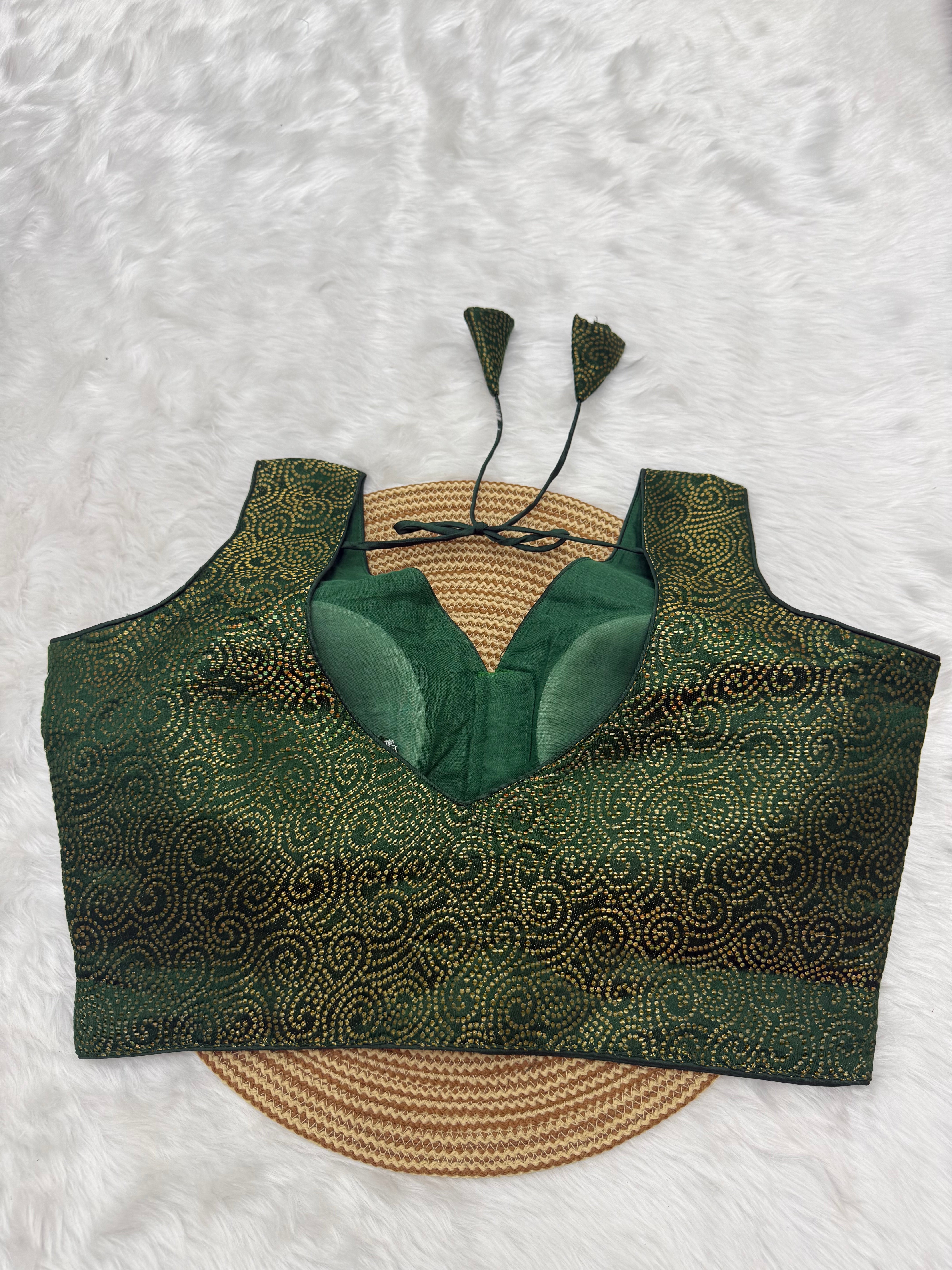 SLEEVELESS JACQUARD READYMADE SAREE BLOUSE - GREEN