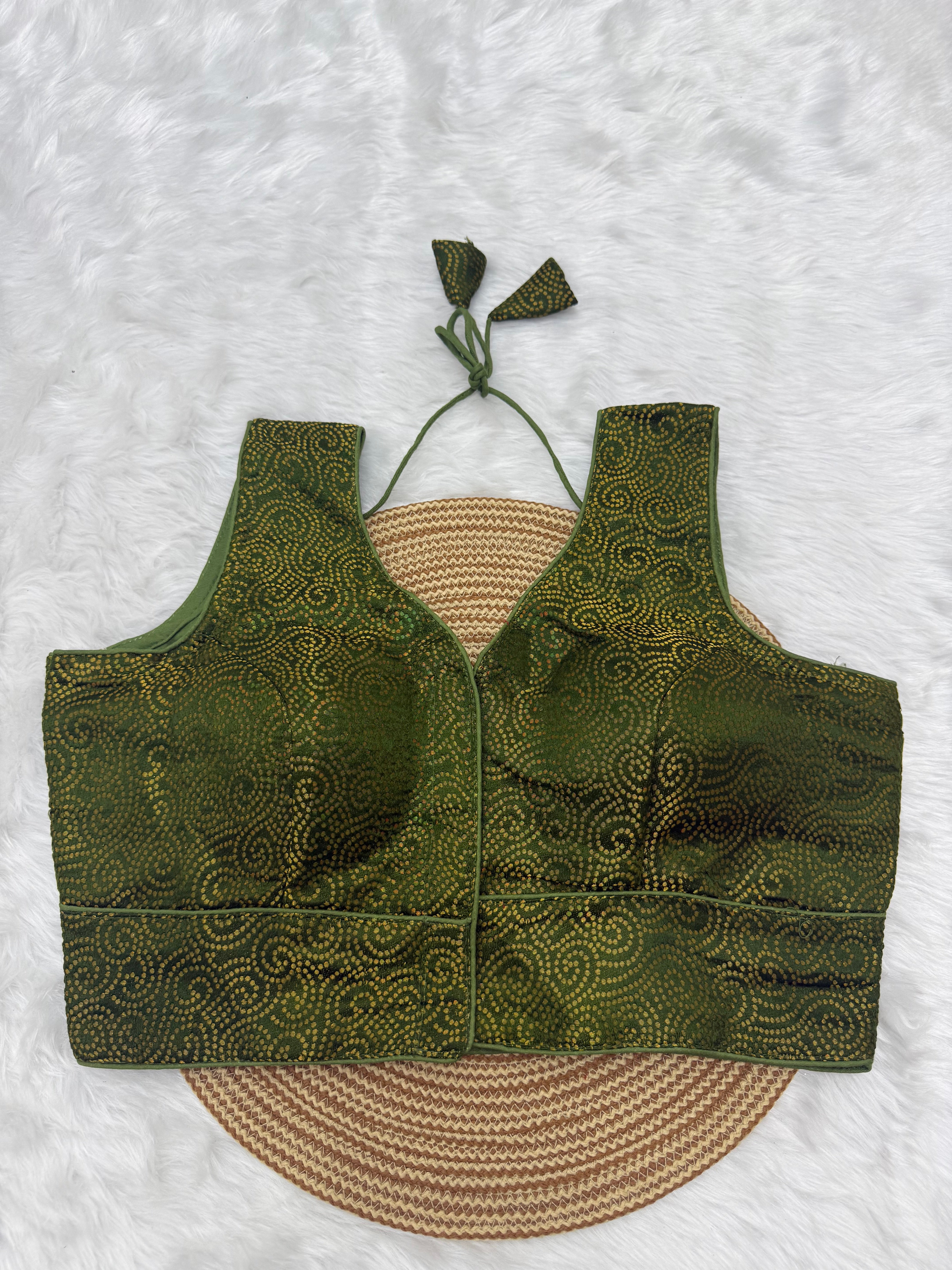 SLEEVELESS JACQUARD READYMADE SAREE BLOUSE - GREEN