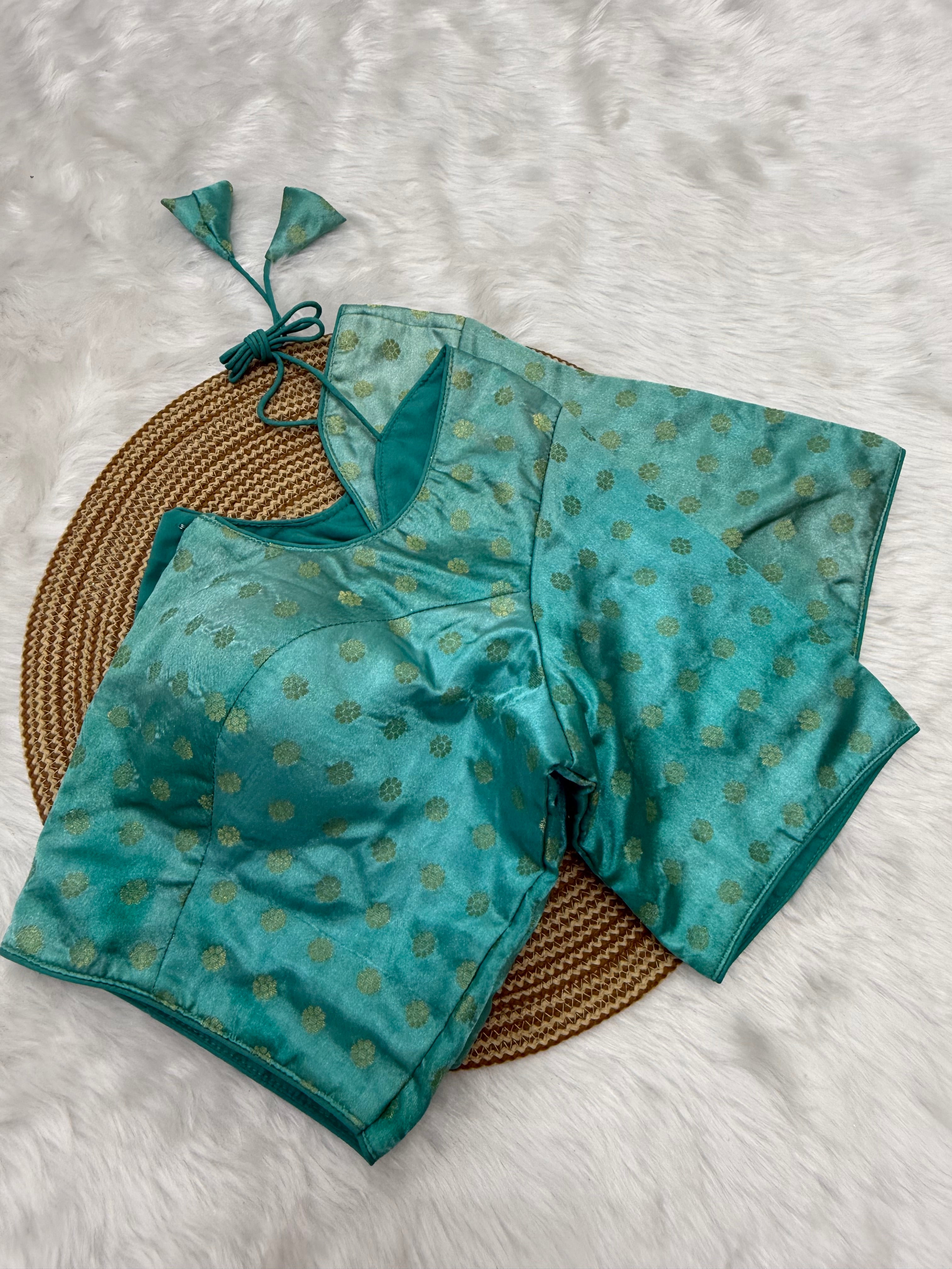 DESIGNER JACQUARD READYMADE SAREE BLOUSE - TURQUOISE BLUE