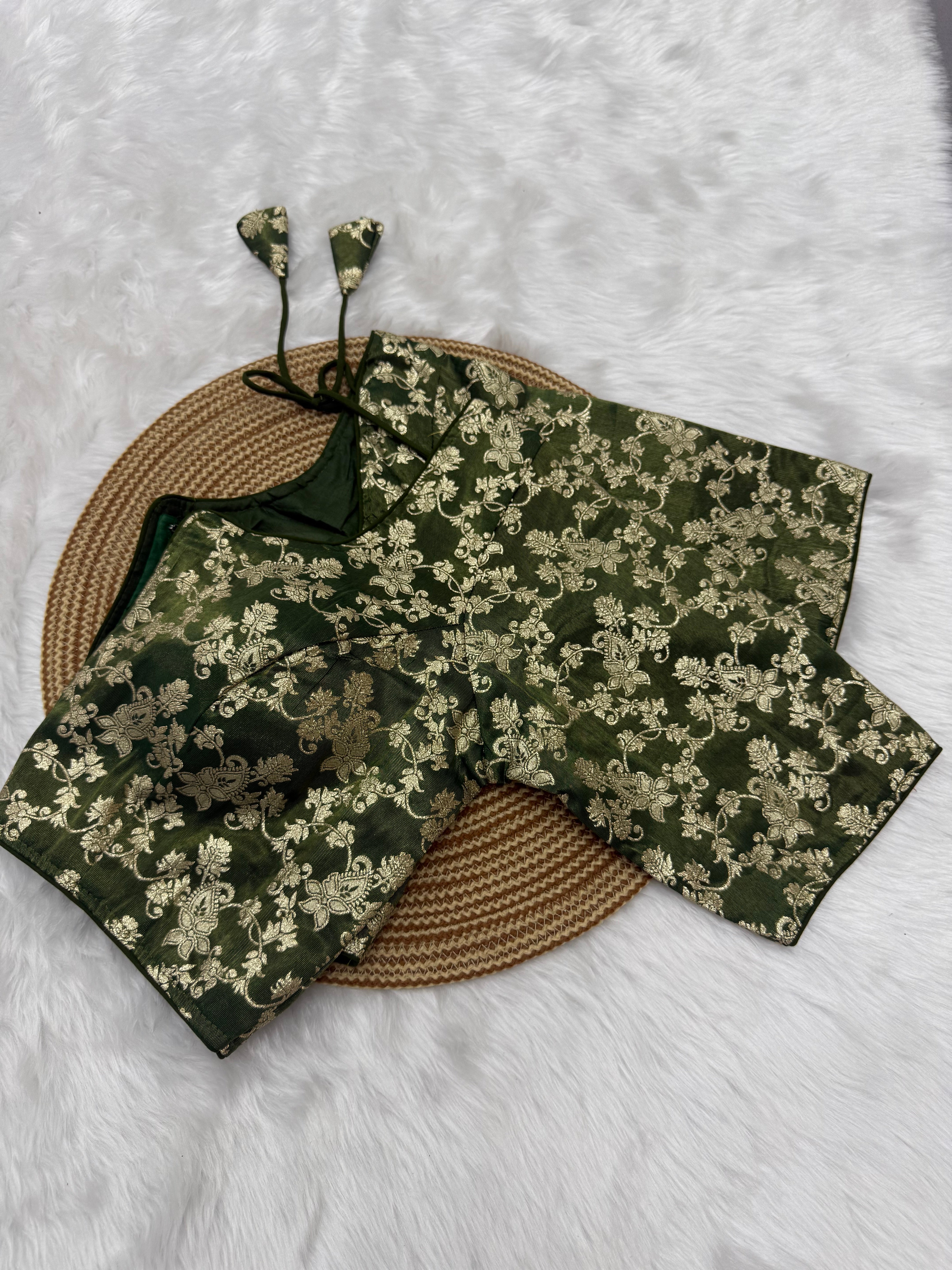 DESIGNER JACQUARD READY TO WEAR SAREE BLOUSE - GREEN