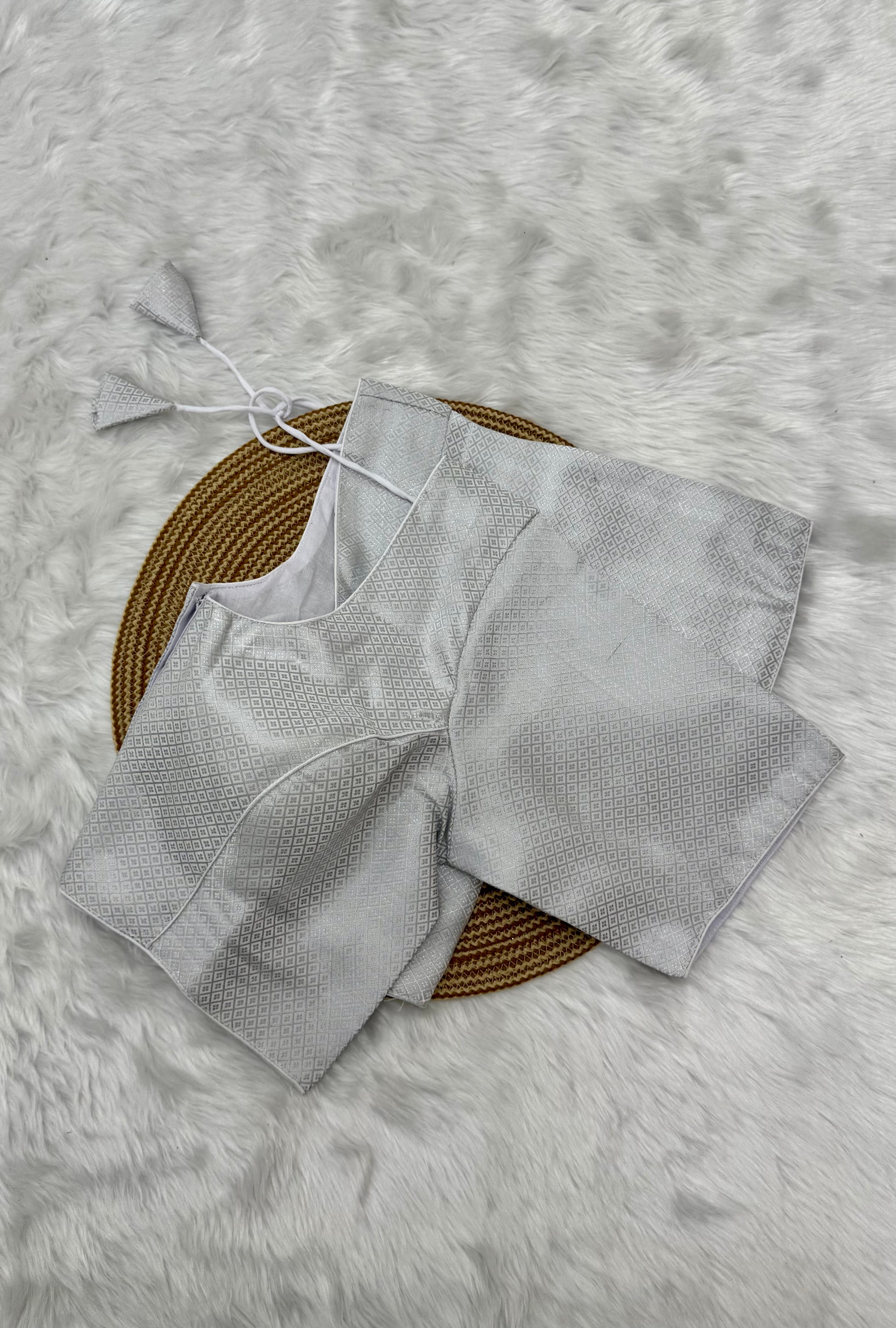 DESIGNER JACQUARD READY TO WEAR SAREE BLOUSE - SILVER