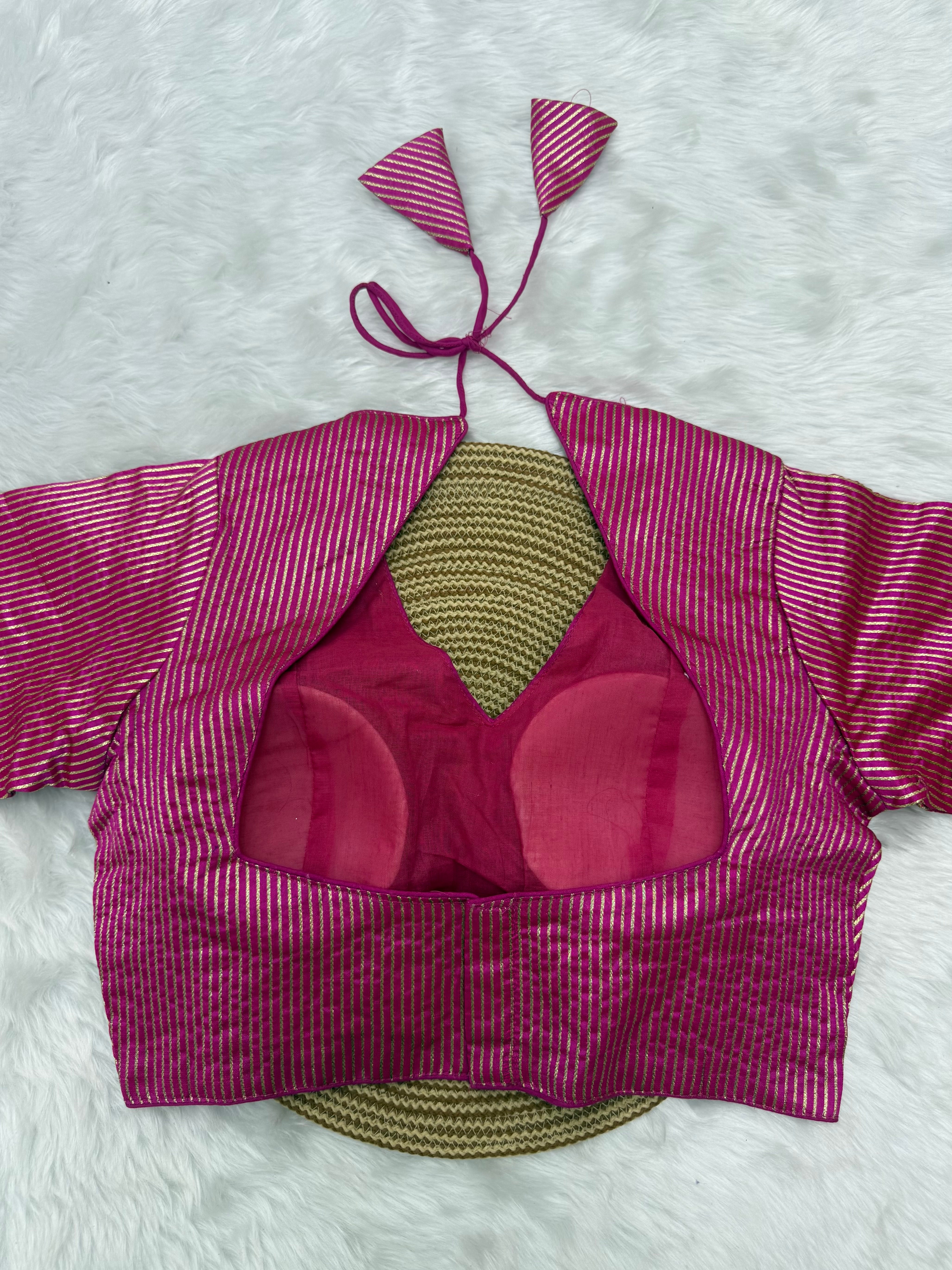 DESIGNER GOLD STRIPE SILK READYMADE BLOUSE - PINK