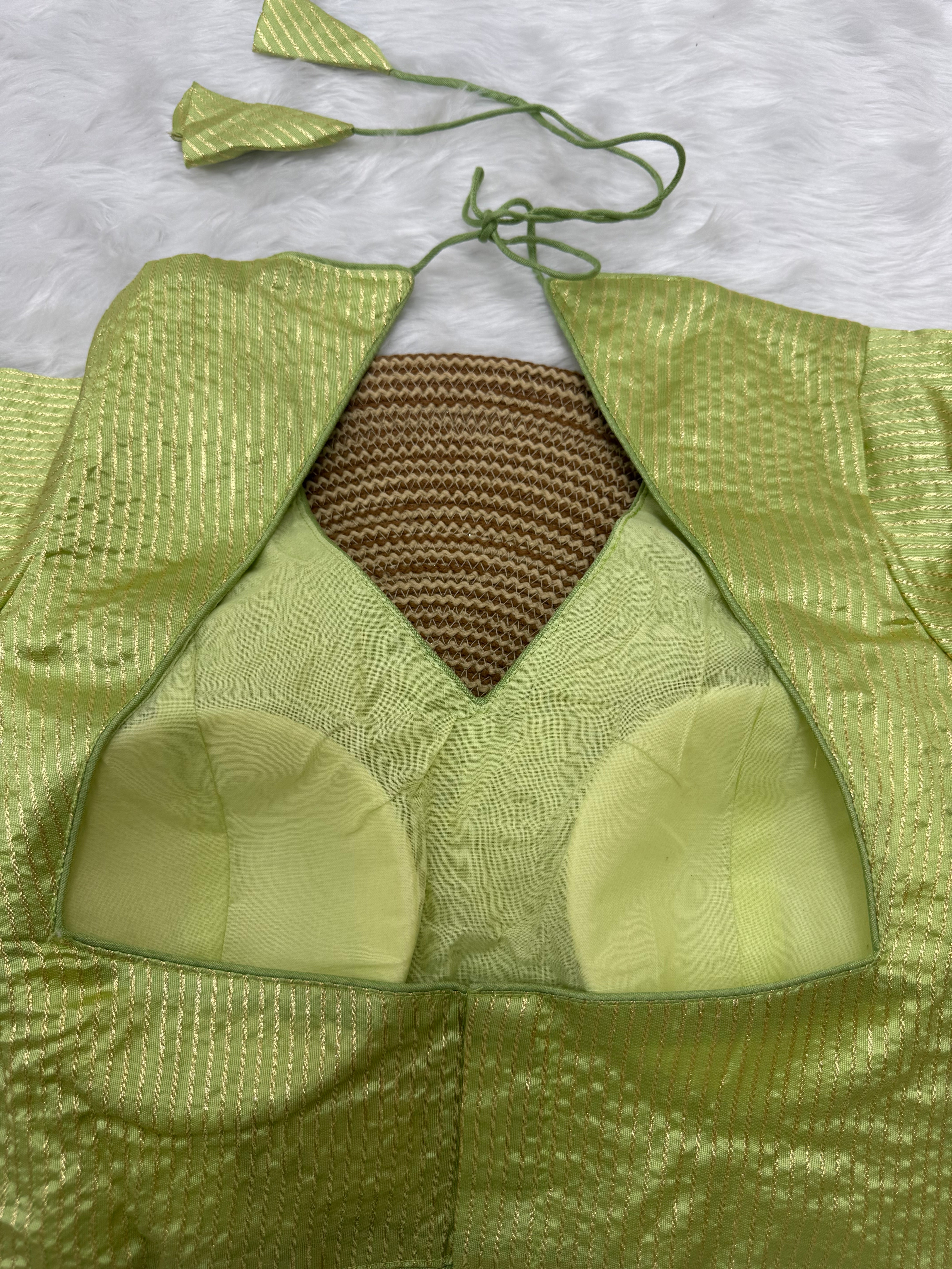 DESIGNER GOLD STRIPE SILK READYMADE BLOUSE - GREEN