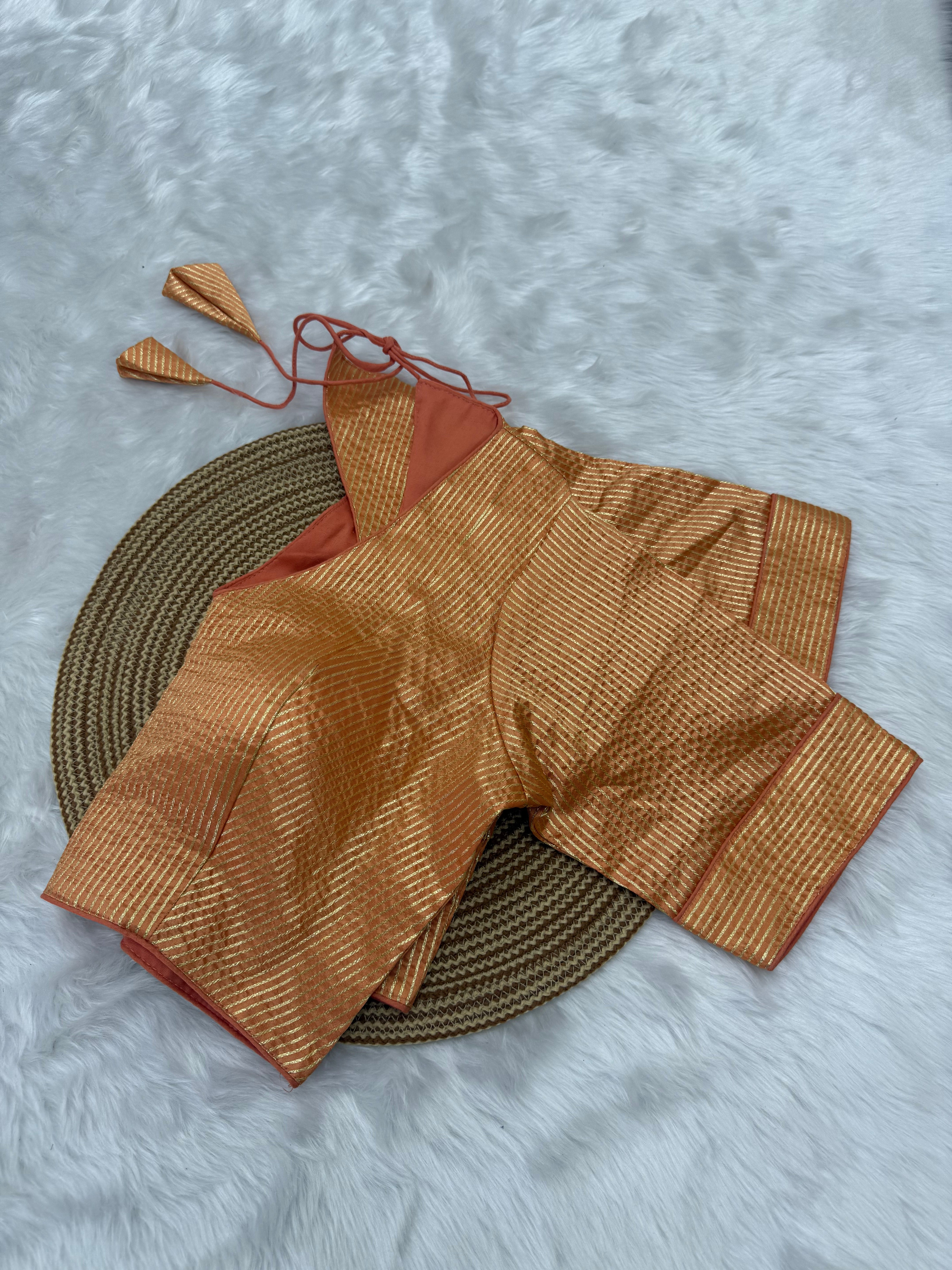 DESIGNER GOLD STRIPE SILK READYMADE BLOUSE - PEACH
