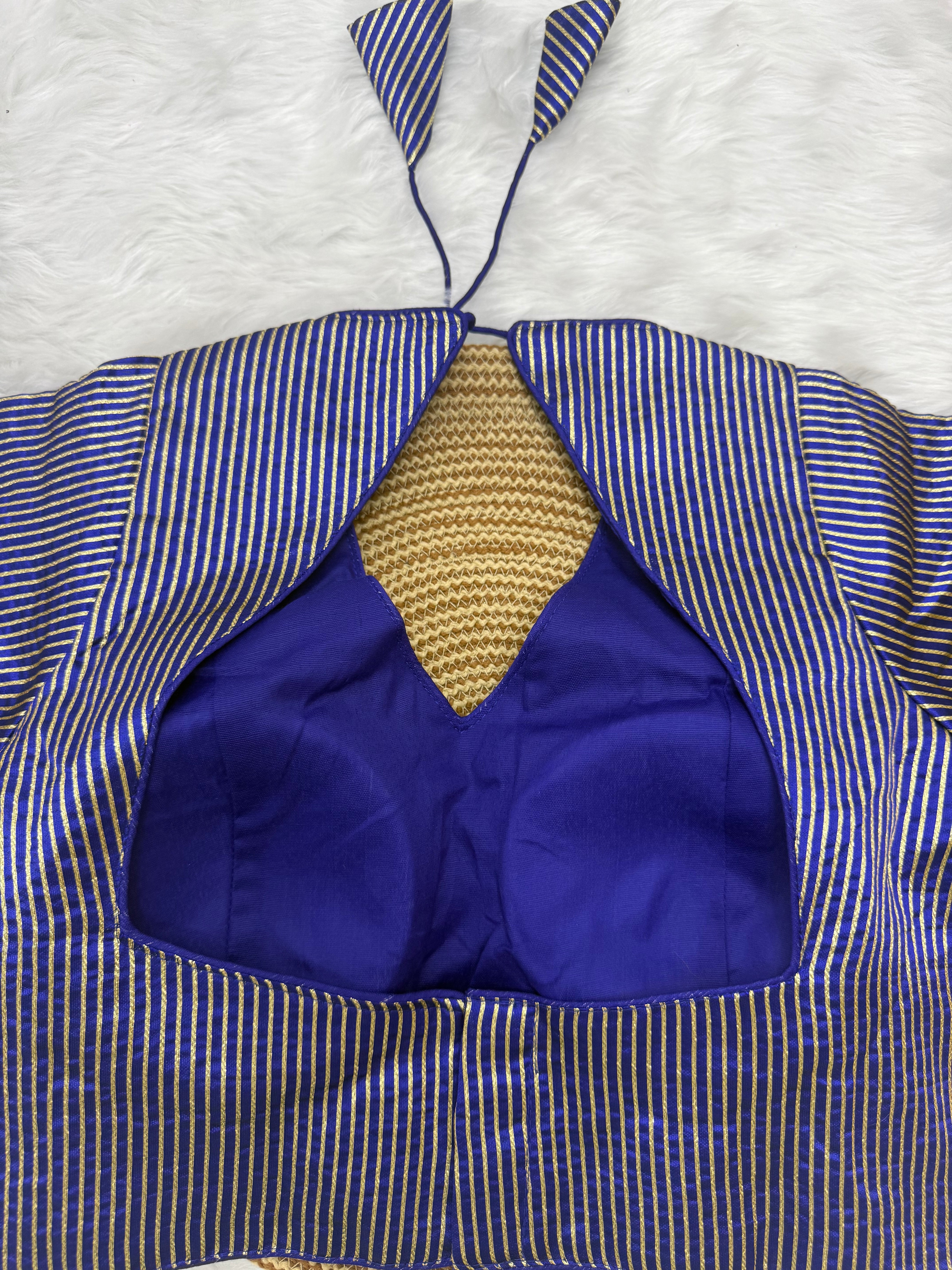 DESIGNER GOLD STRIPE SILK READYMADE BLOUSE - BLUE