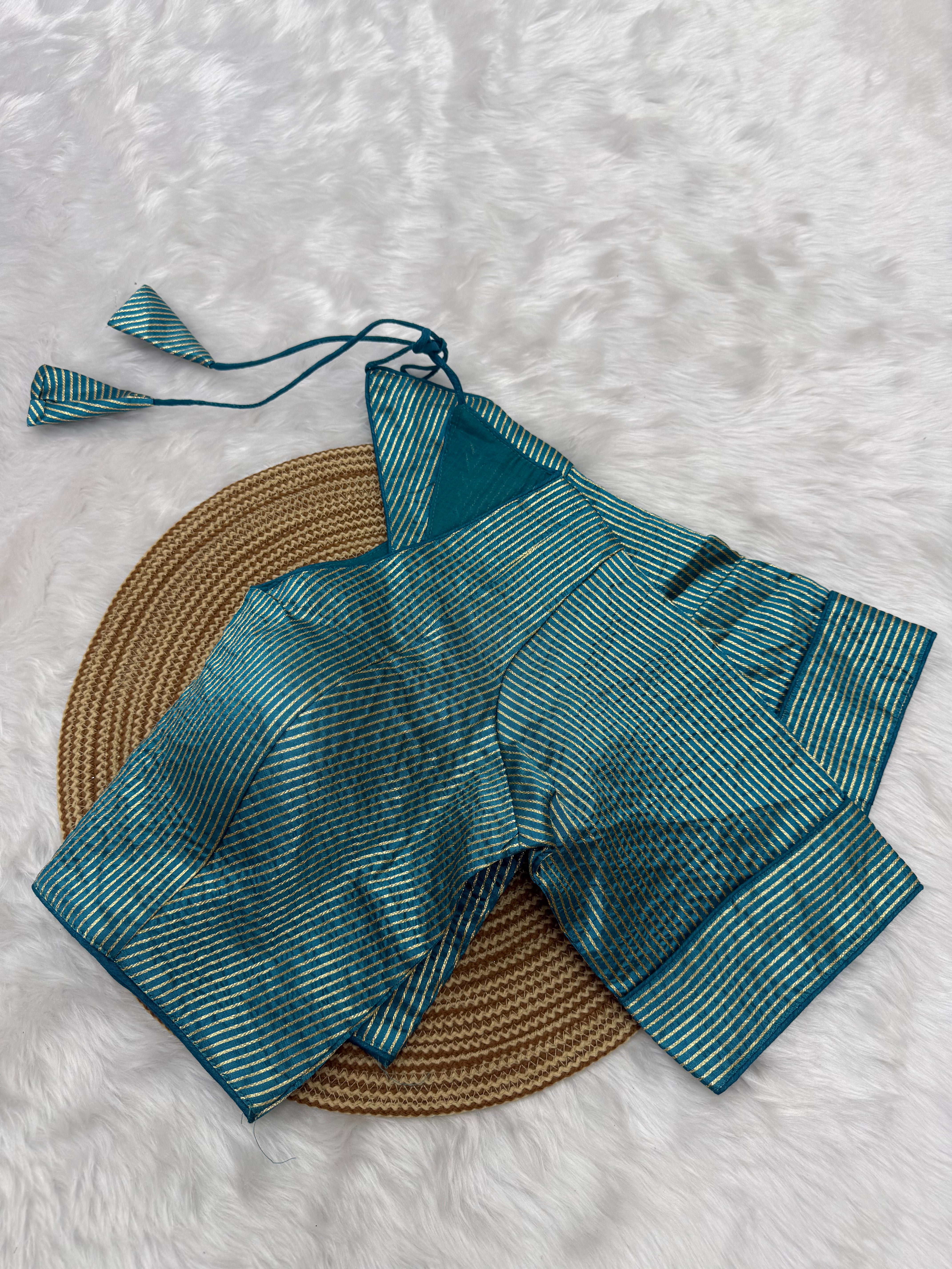 DESIGNER GOLD STRIPE SILK READYMADE BLOUSE - TEAL