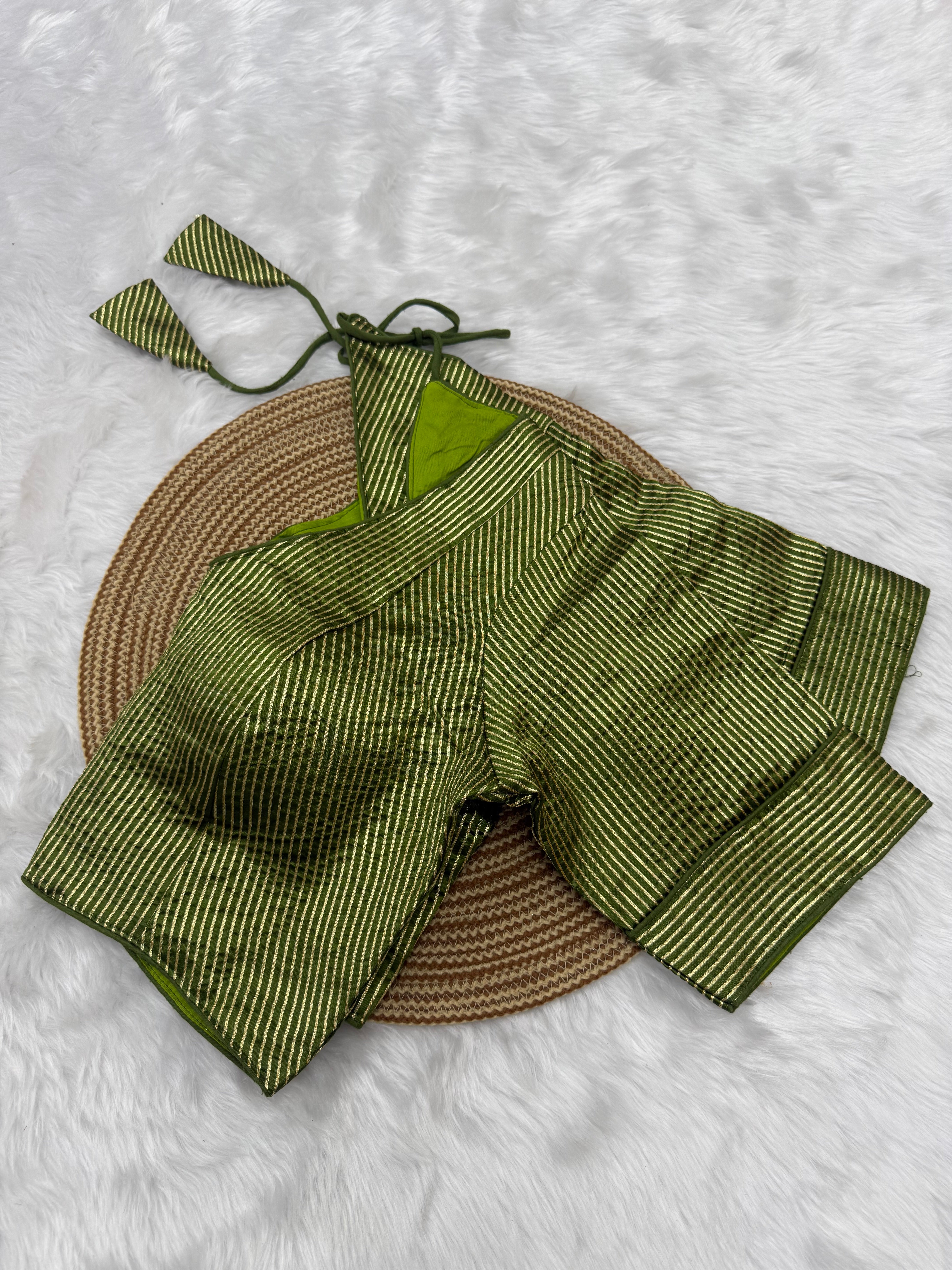DESIGNER GOLD STRIPE SILK READYMADE BLOUSE - GREEN