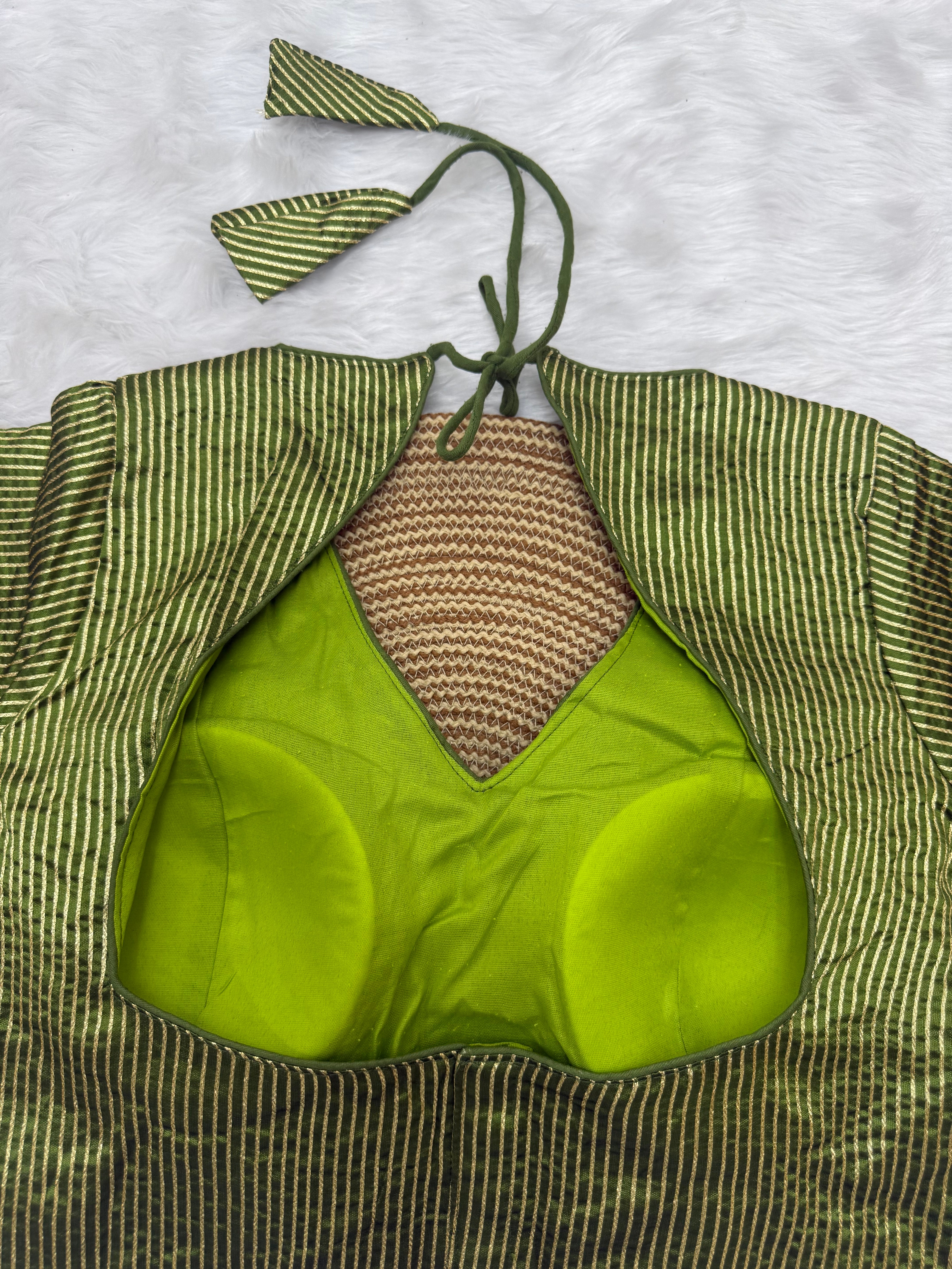 DESIGNER GOLD STRIPE SILK READYMADE BLOUSE - GREEN