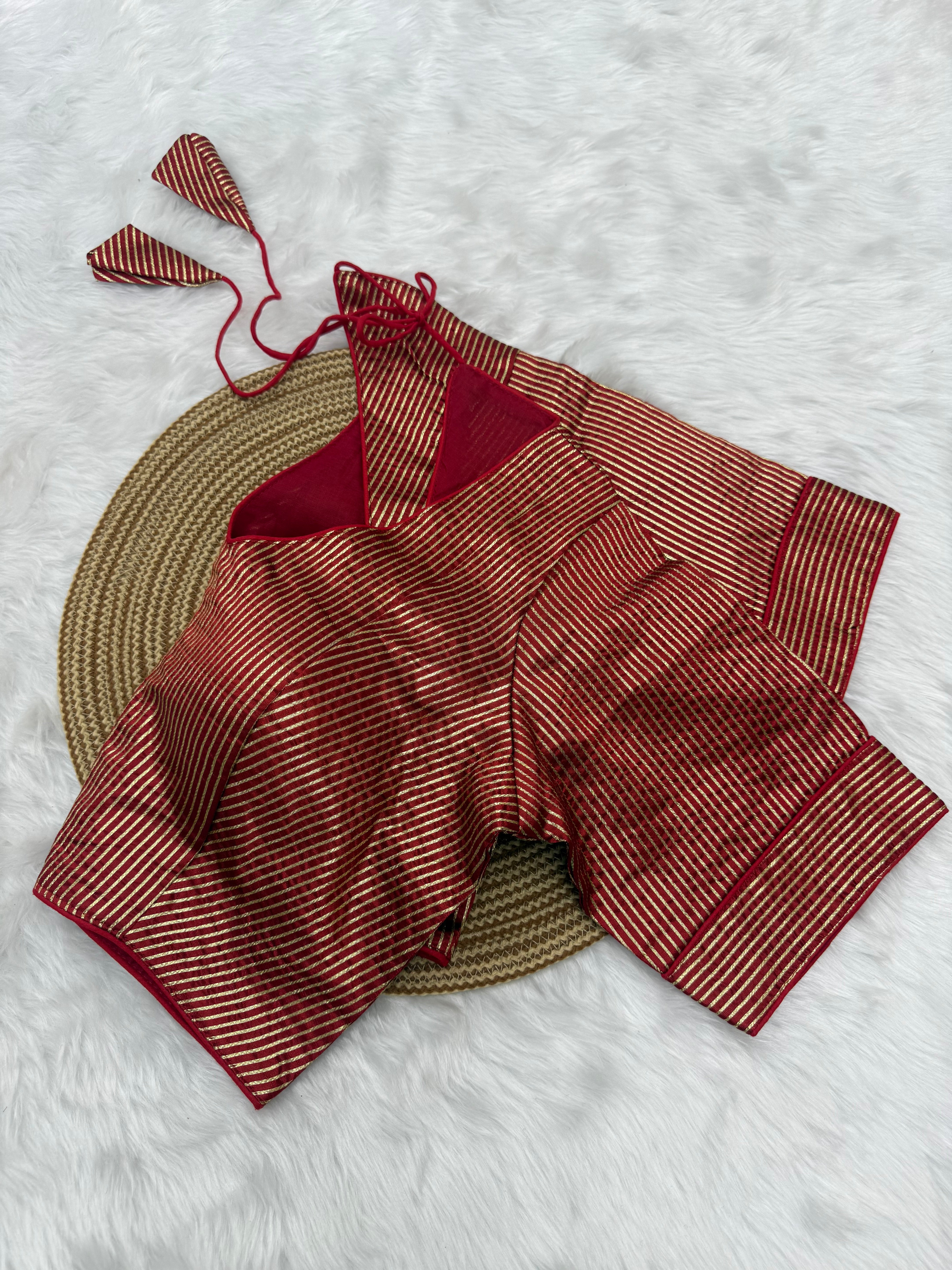 DESIGNER GOLD STRIPE SILK READYMADE BLOUSE - RED