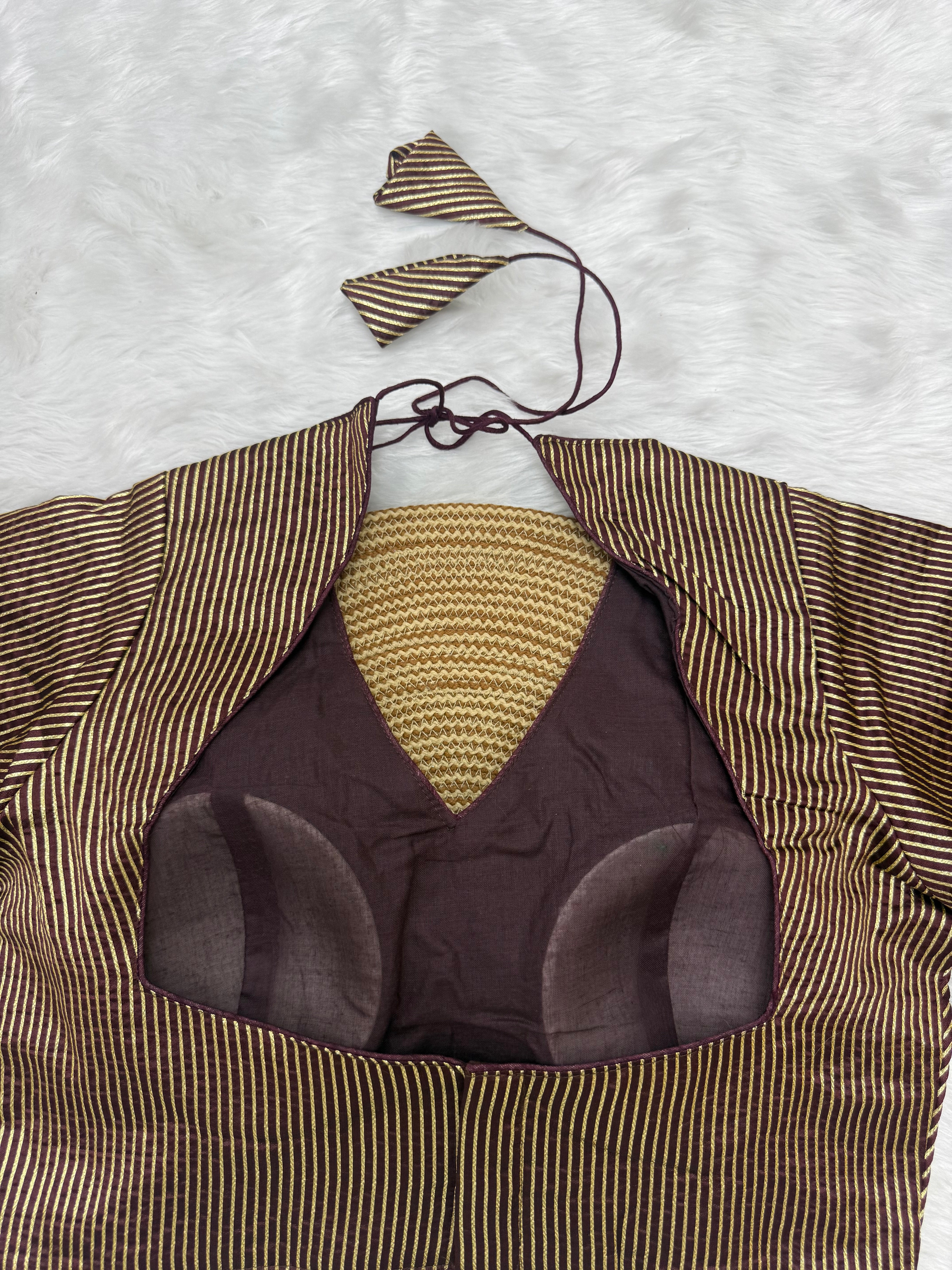 DESIGNER GOLD STRIPE SILK READYMADE BLOUSE - BROWN