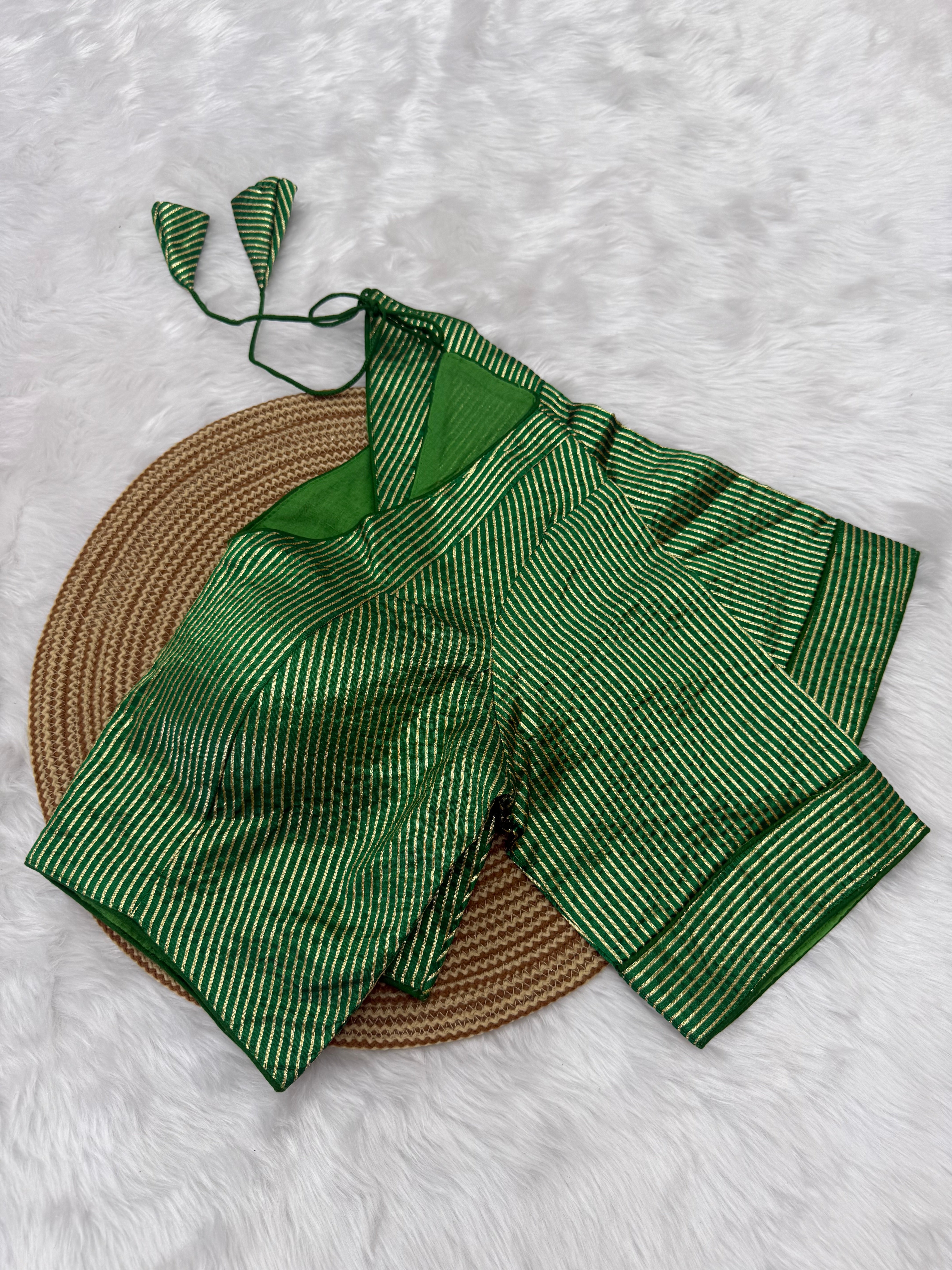 DESIGNER GOLD STRIPE SILK READYMADE BLOUSE - GREEN