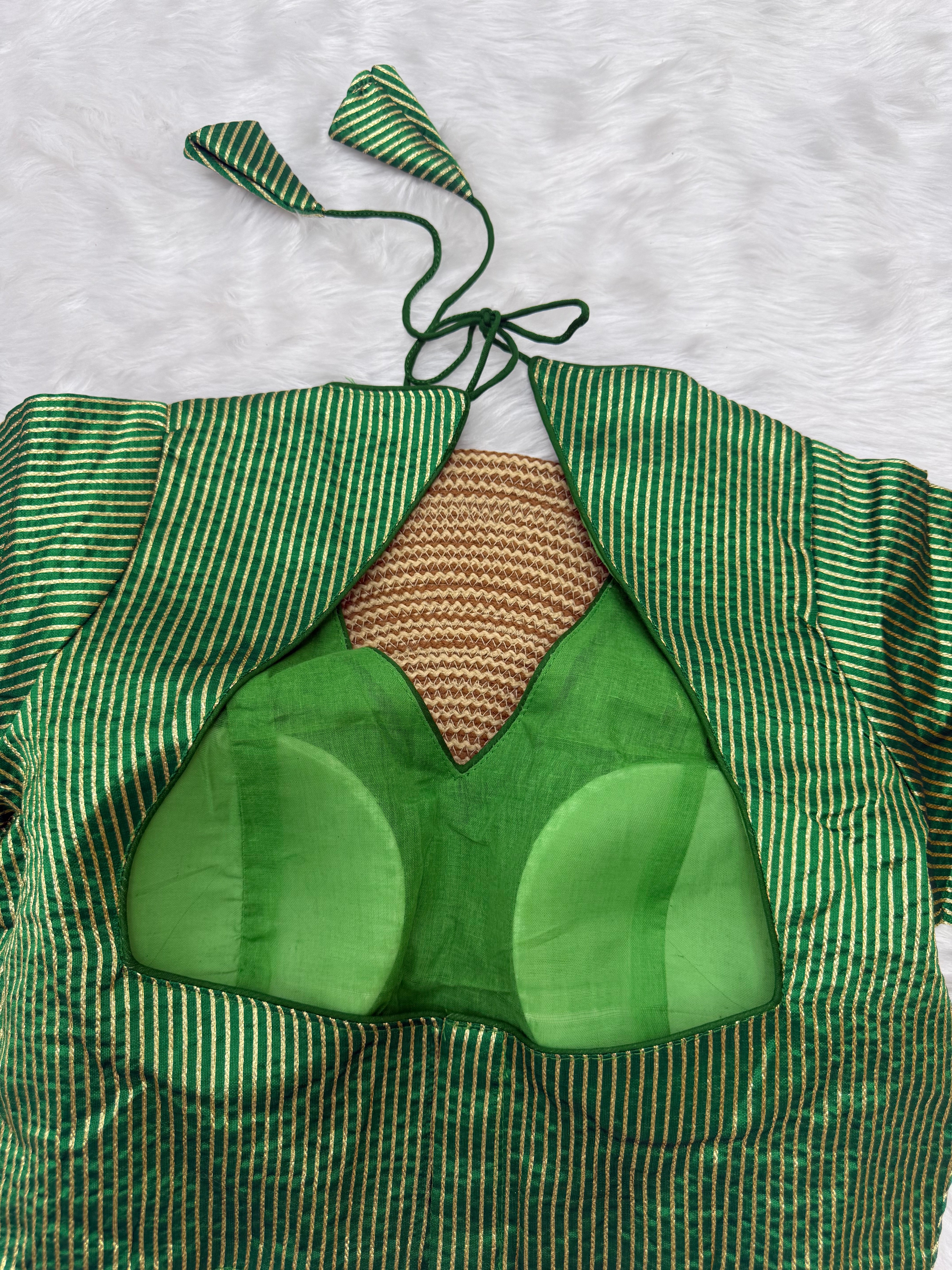 DESIGNER GOLD STRIPE SILK READYMADE BLOUSE - GREEN