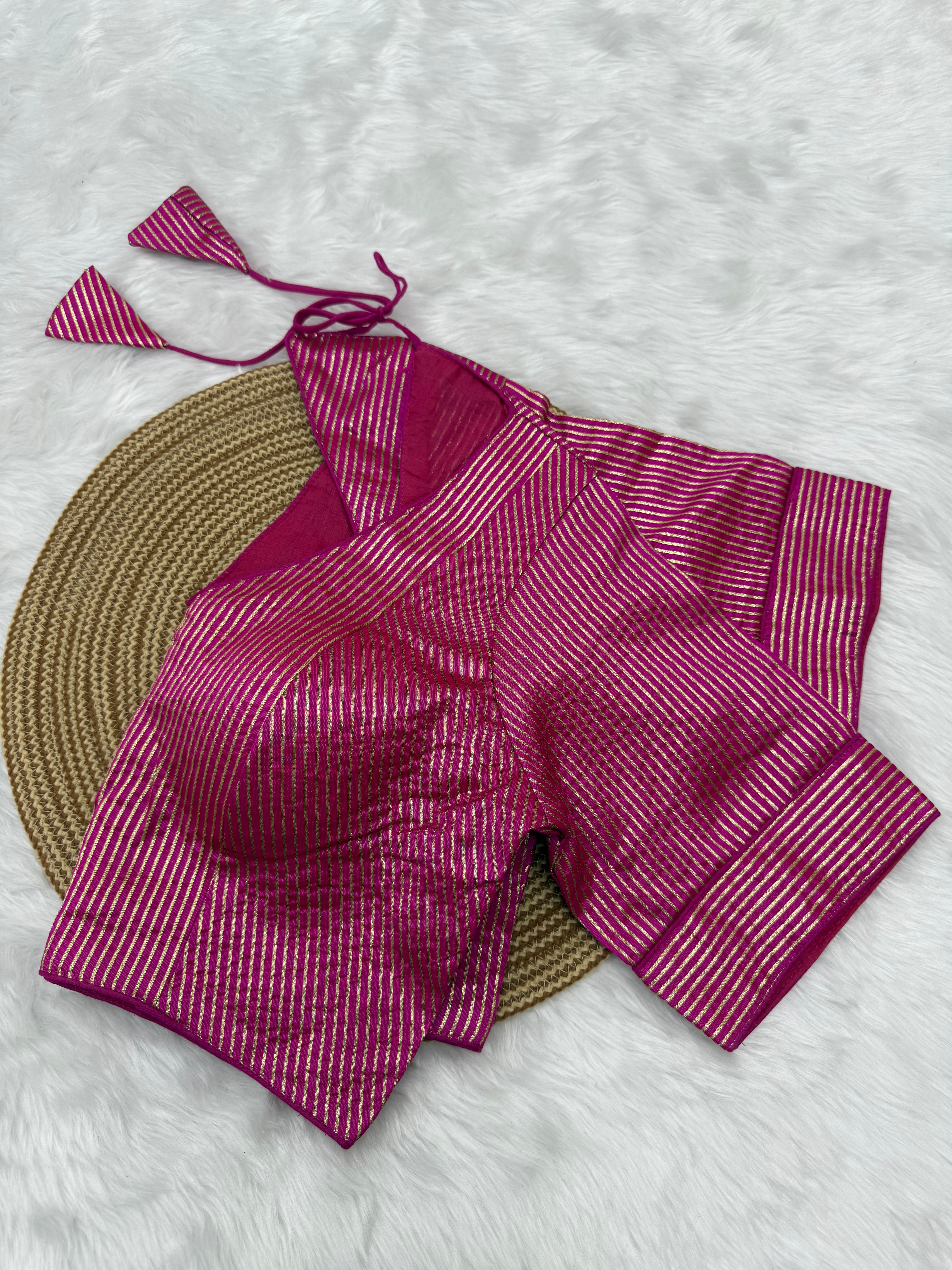 DESIGNER GOLD STRIPE SILK READYMADE BLOUSE - PINK