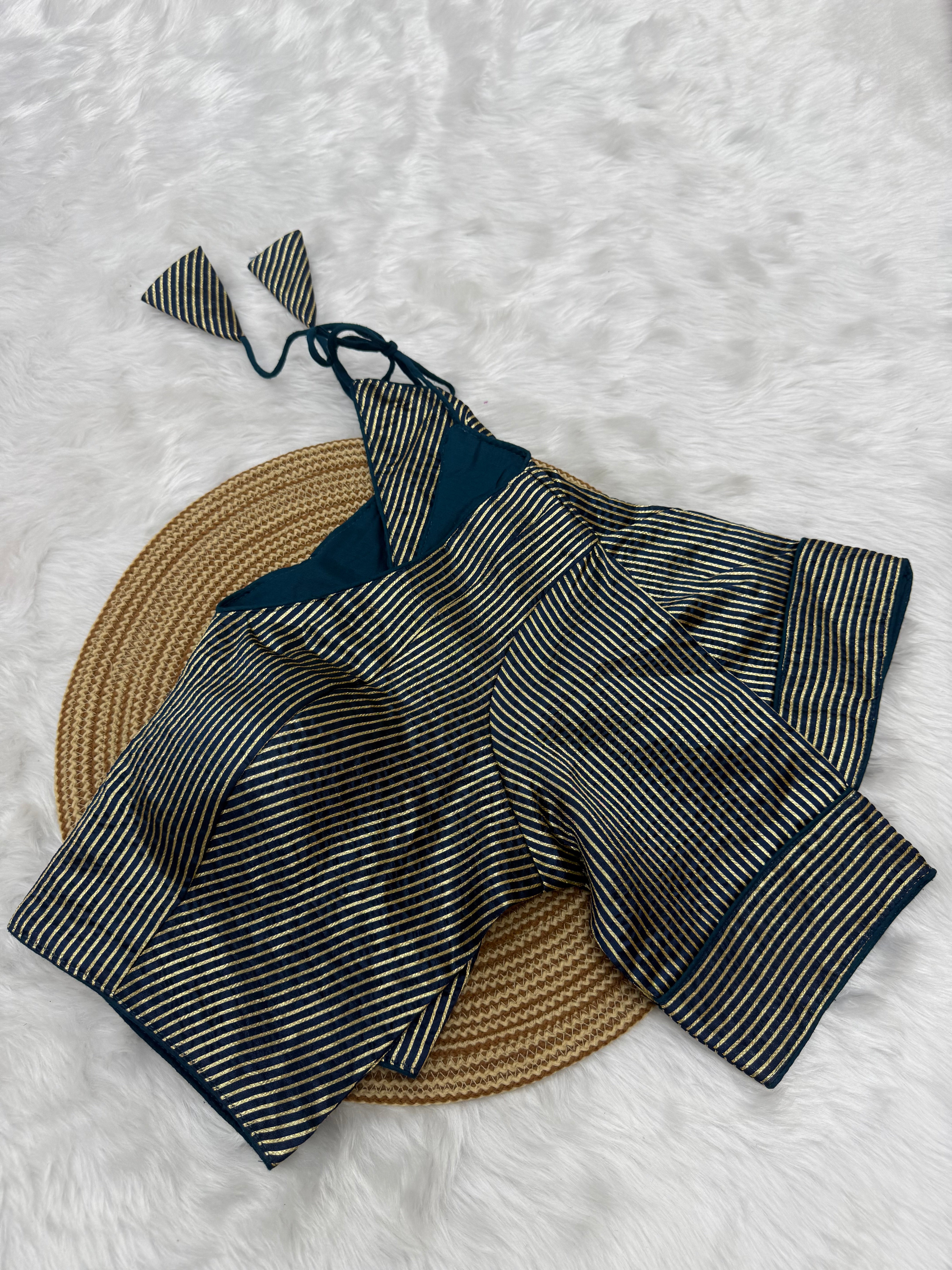 DESIGNER GOLD STRIPE SILK READYMADE BLOUSE - TEAL BLUE