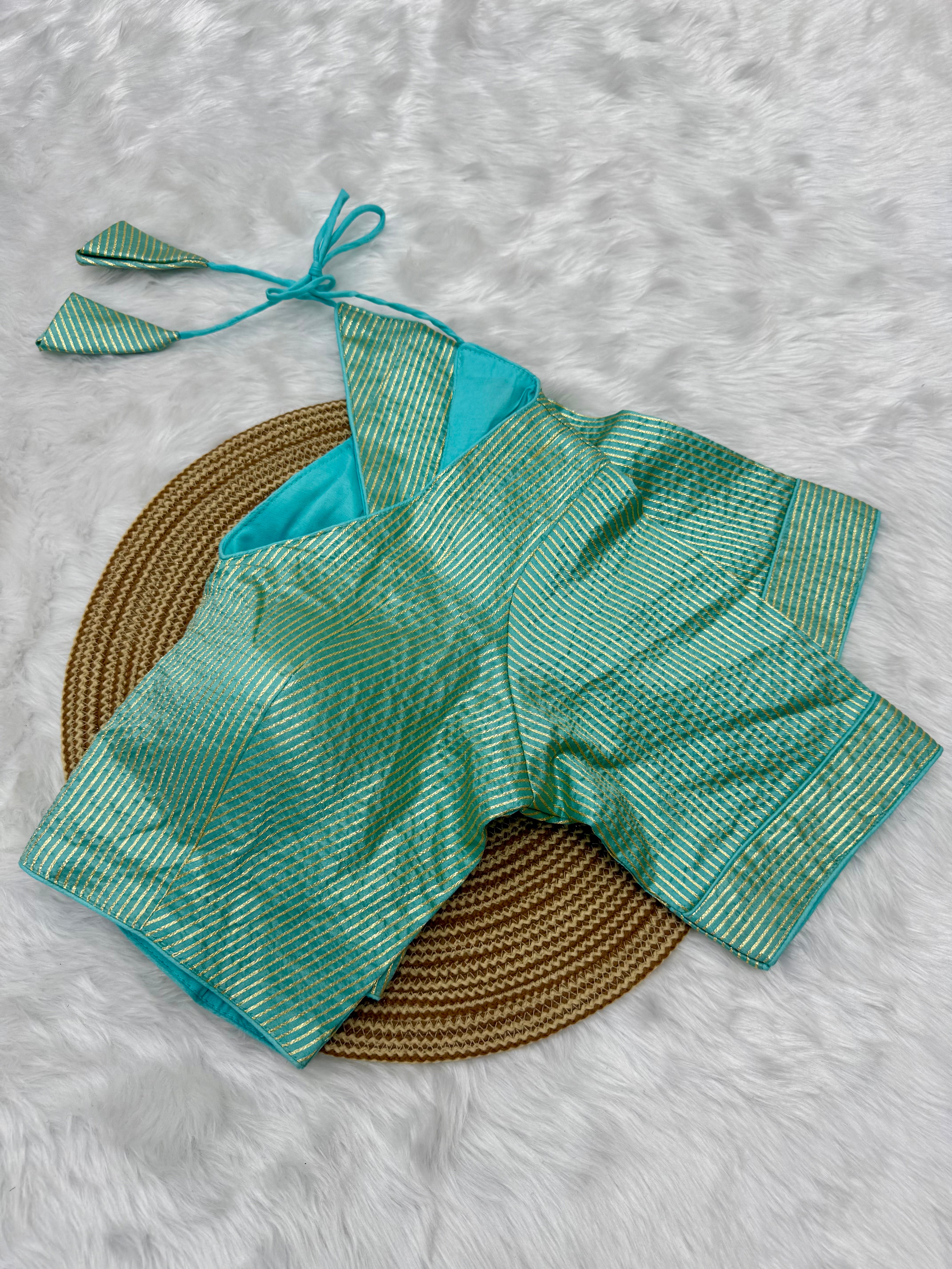 DESIGNER GOLD STRIPE SILK READYMADE BLOUSE - AQUA BLUE