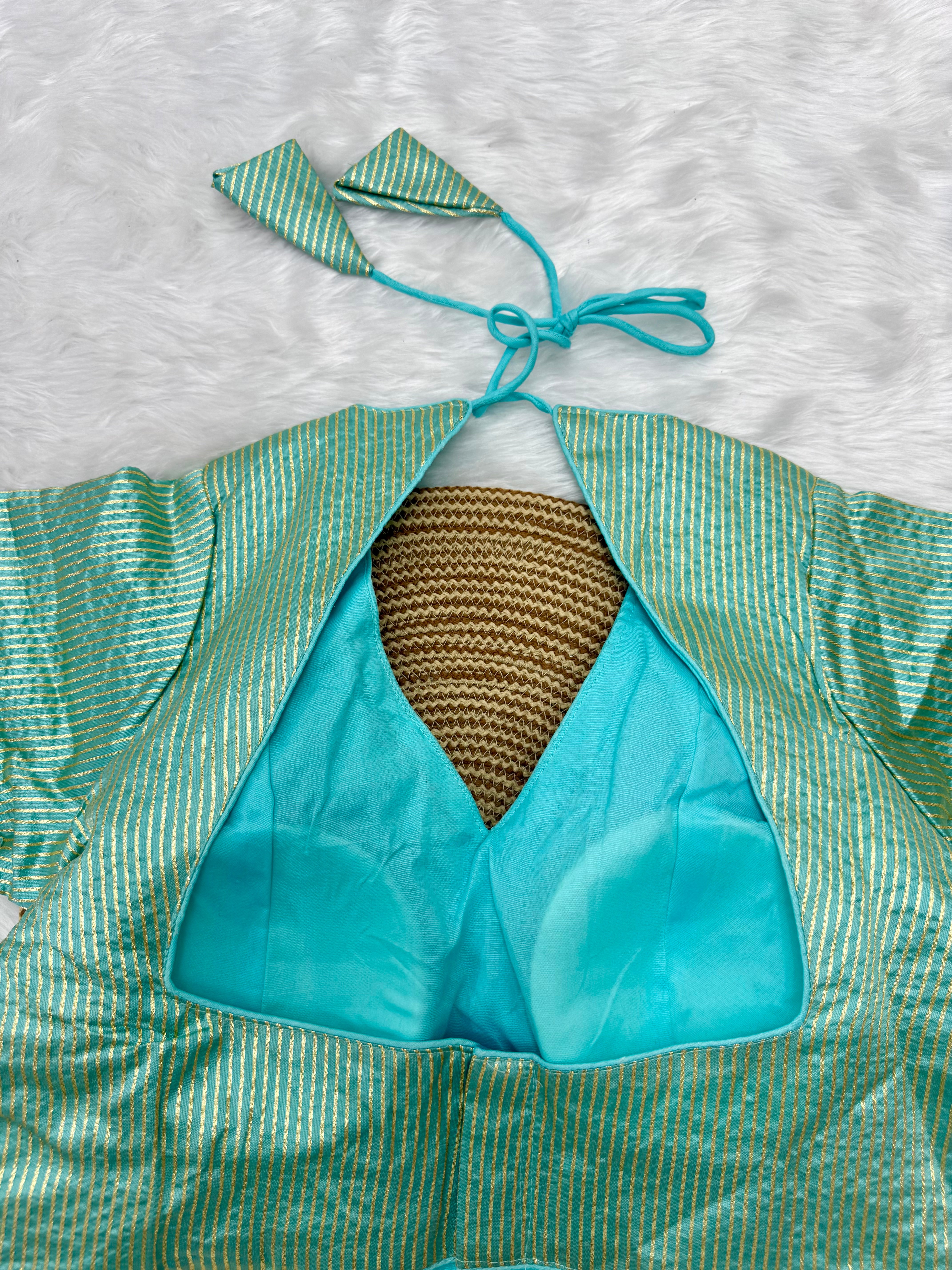 DESIGNER GOLD STRIPE SILK READYMADE BLOUSE - AQUA BLUE