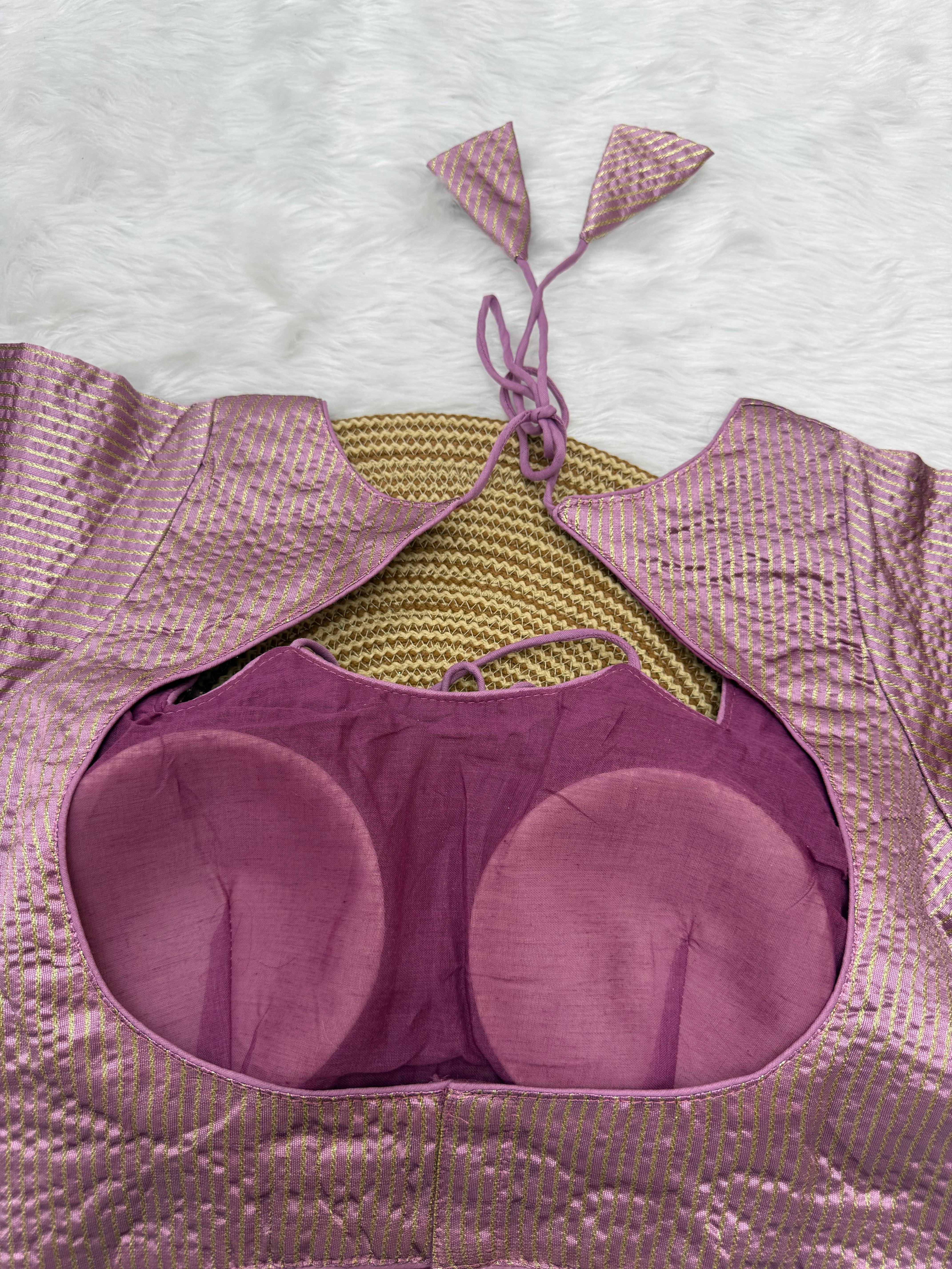 DESIGNER GOLD STRIPE SILK READYMADE BLOUSE - MAUVE PINK