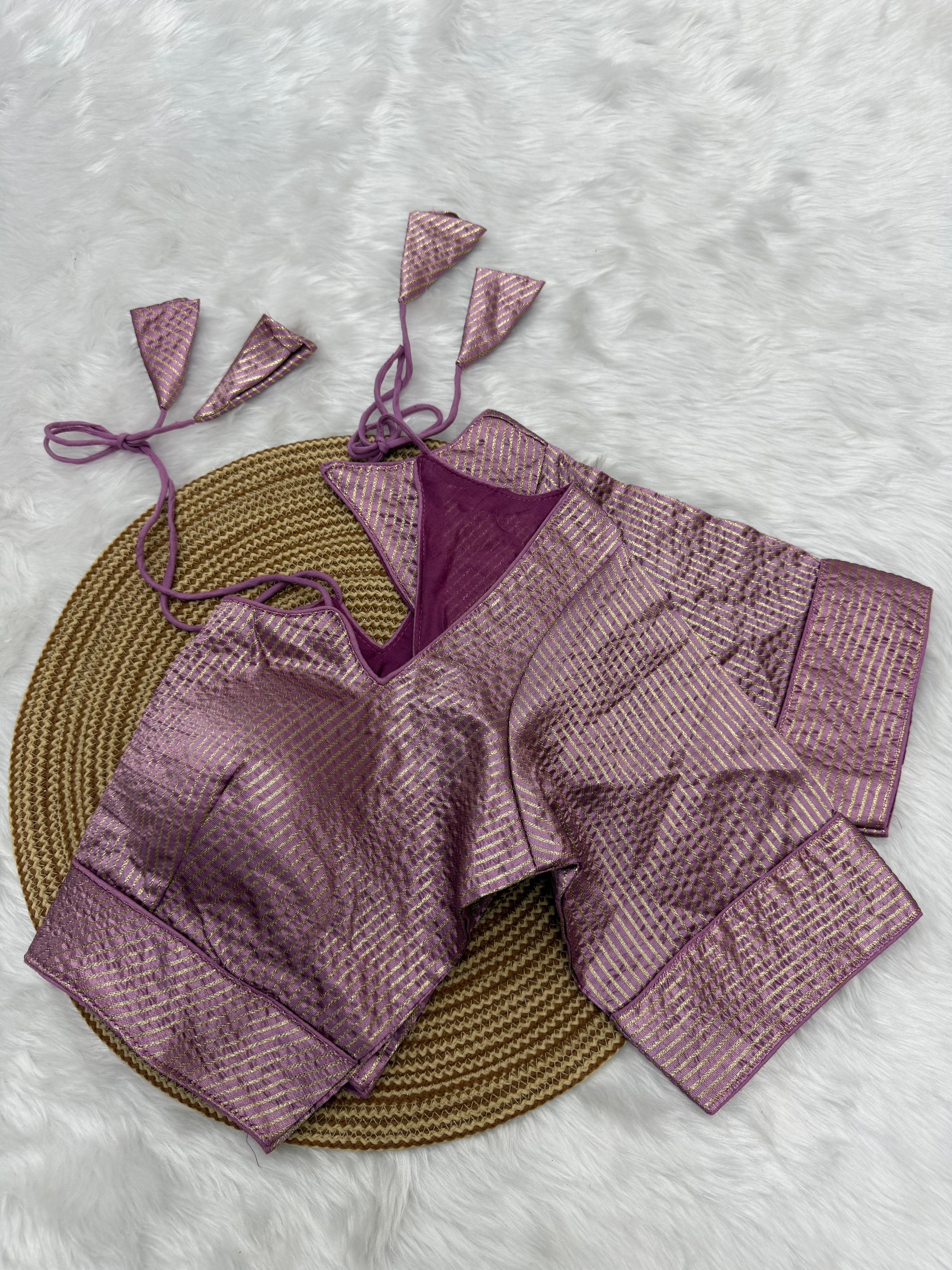 DESIGNER GOLD STRIPE SILK READYMADE BLOUSE - MAUVE PINK