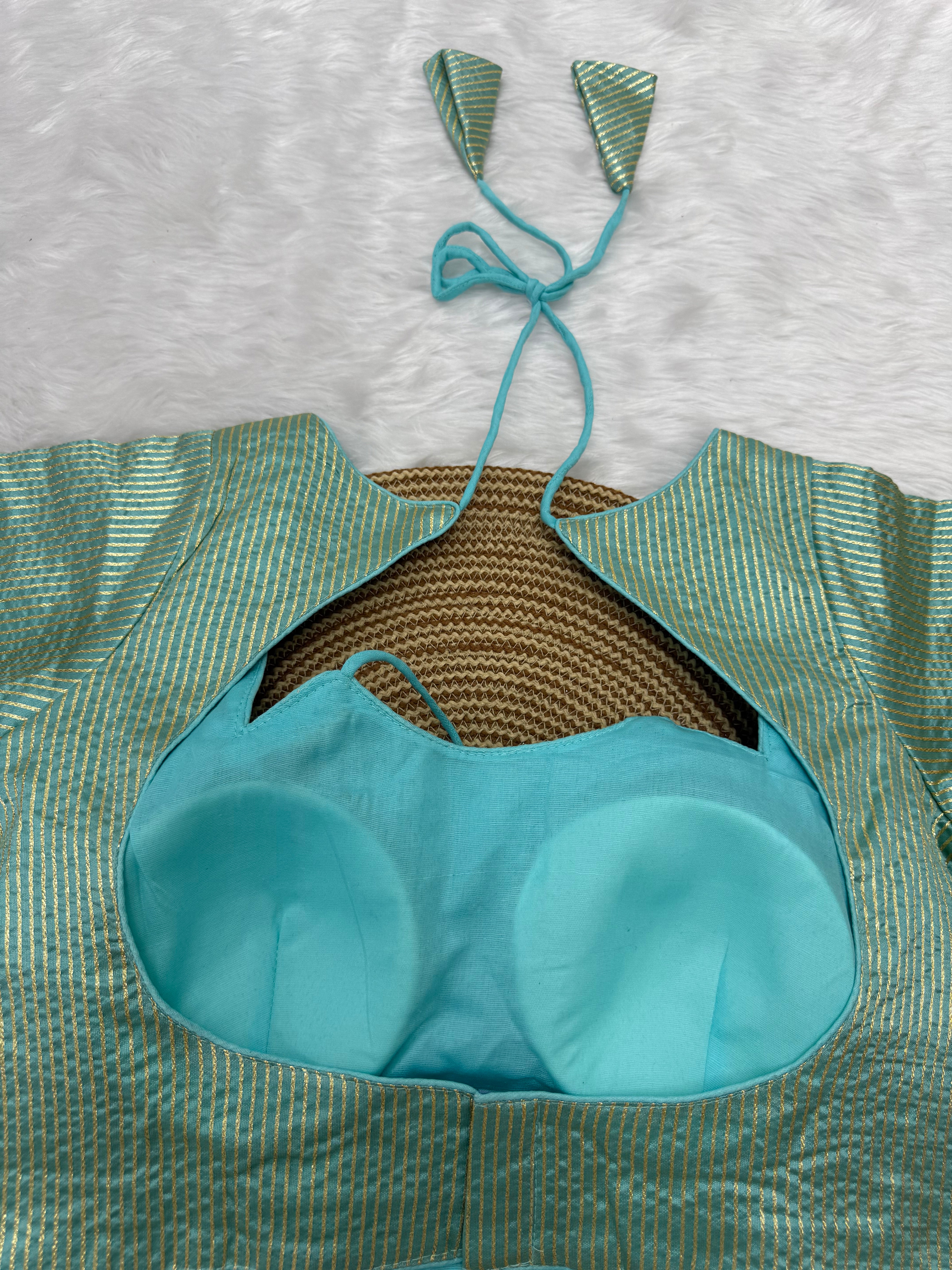 DESIGNER GOLD STRIPE SILK READYMADE BLOUSE - AQUA BLUE