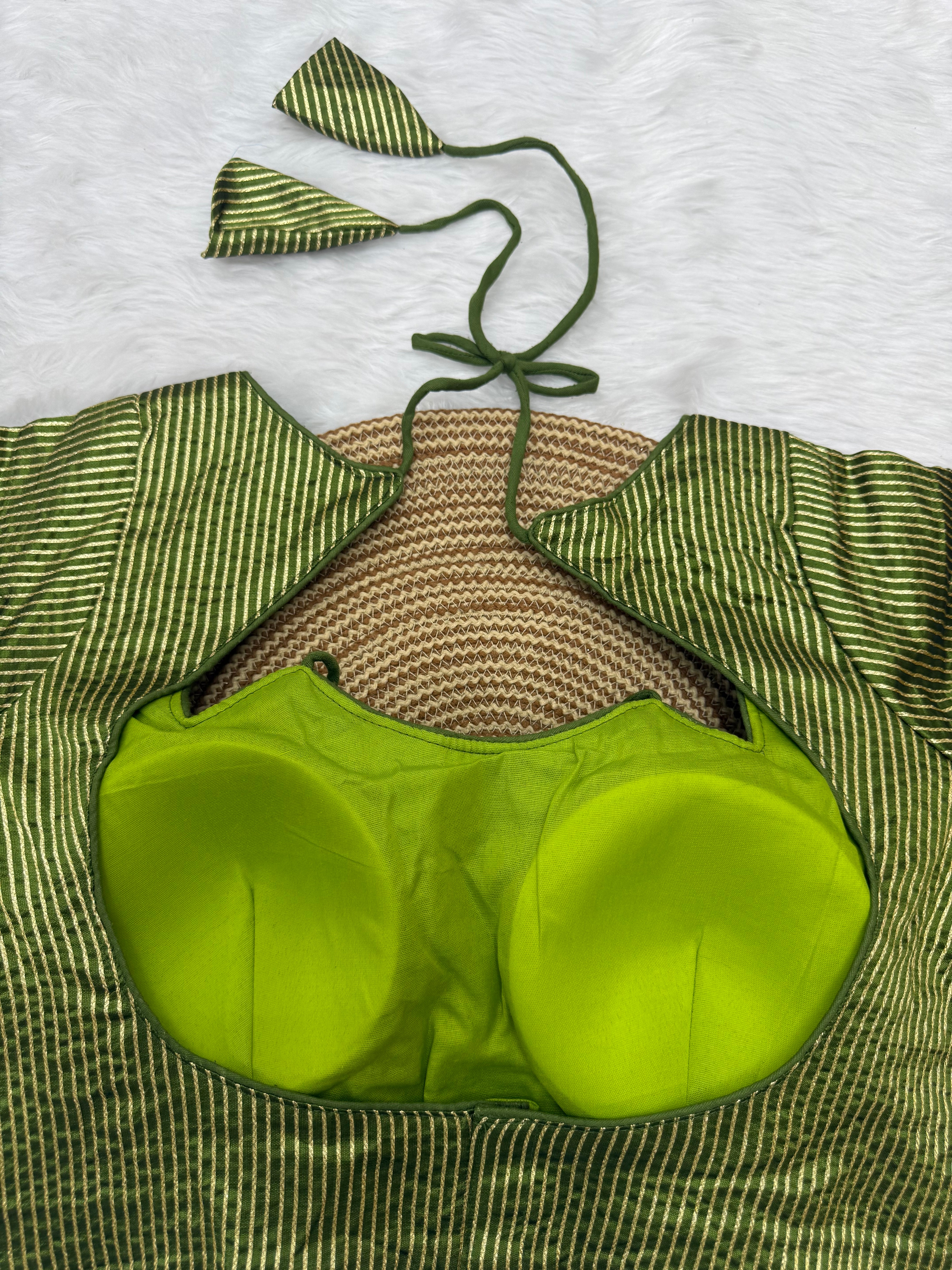 DESIGNER GOLD STRIPE SILK READYMADE BLOUSE - GREEN