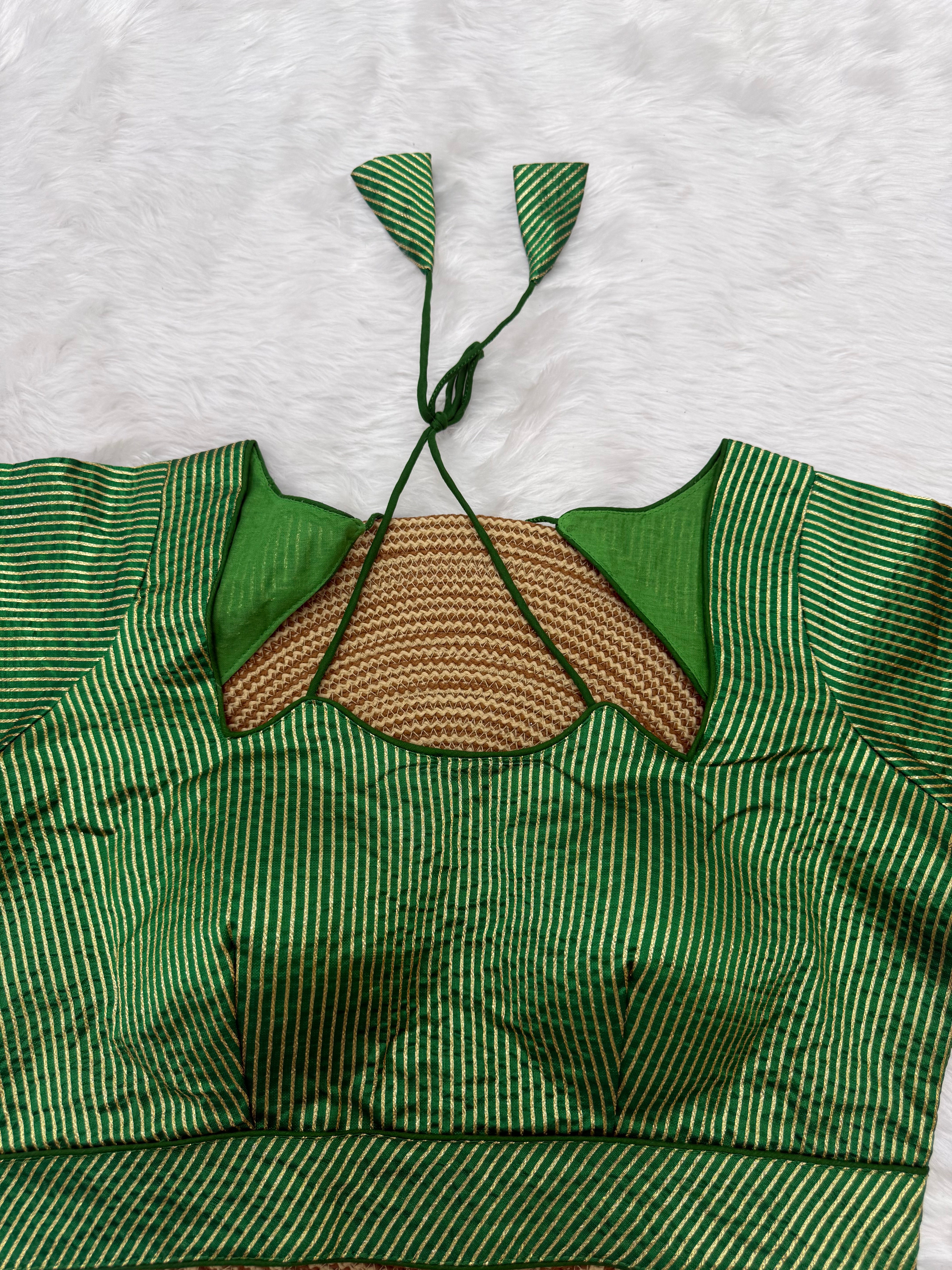DESIGNER GOLD STRIPE SILK READYMADE BLOUSE - GREEN