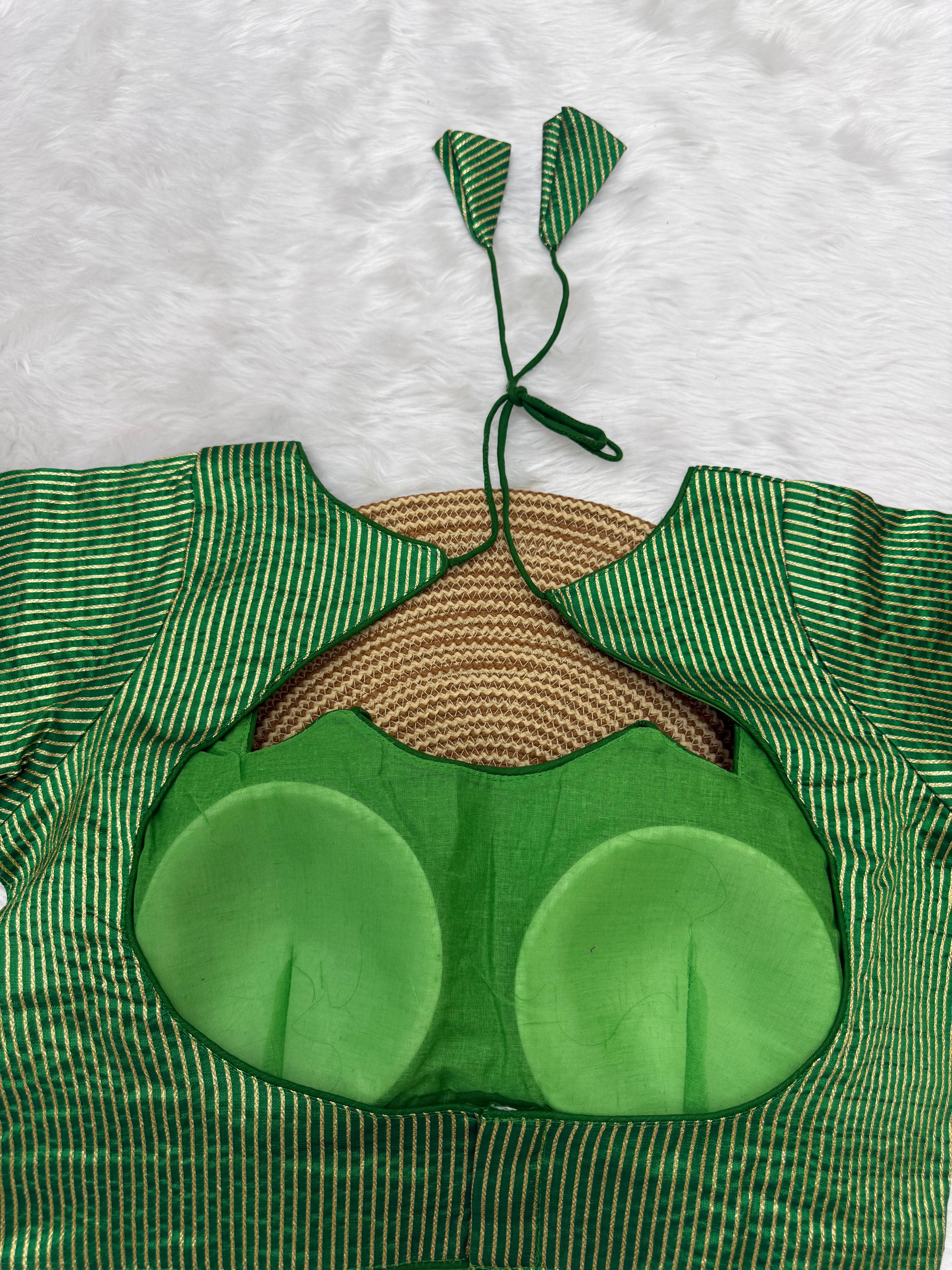 DESIGNER GOLD STRIPE SILK READYMADE BLOUSE - GREEN