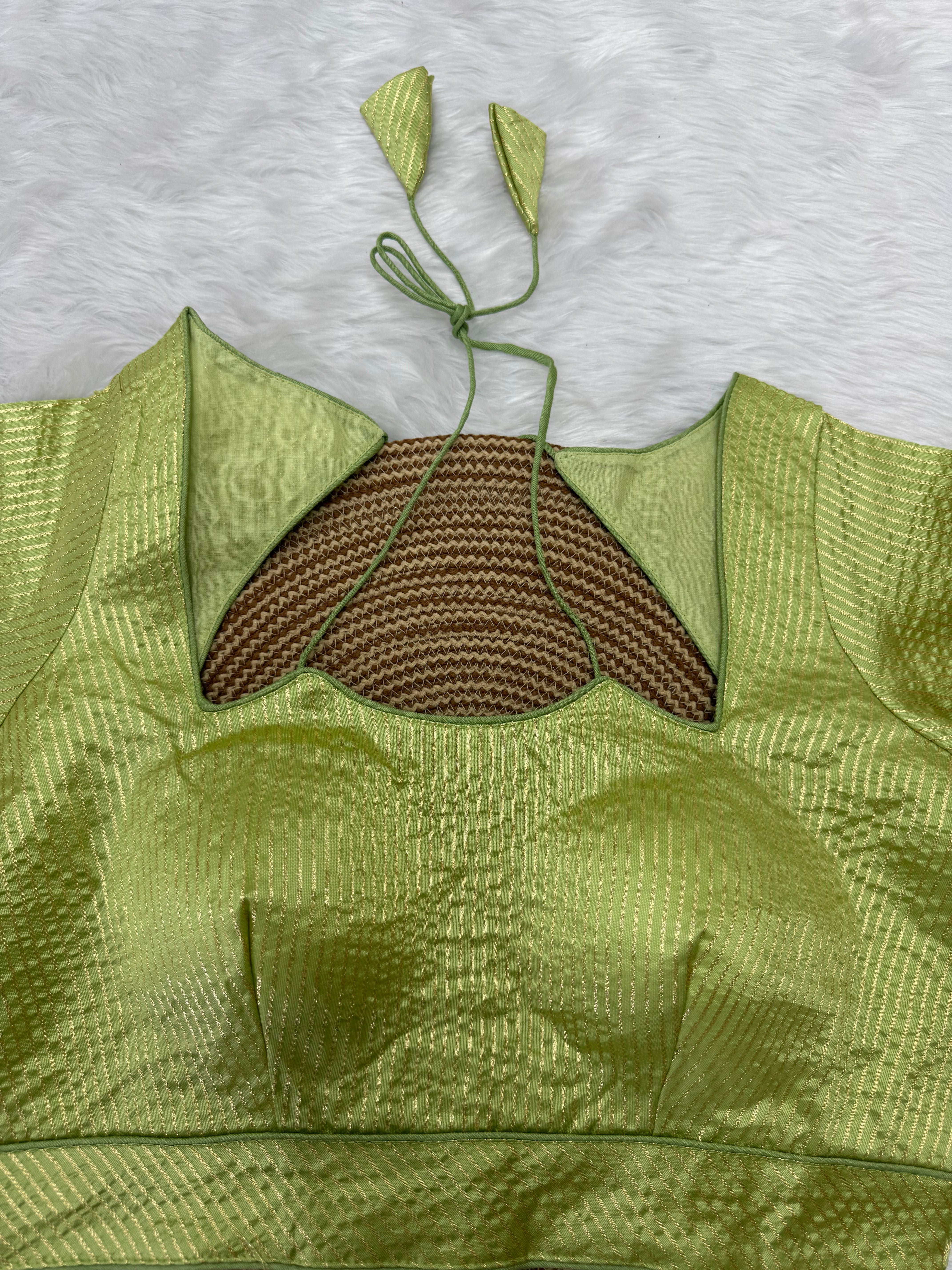 DESIGNER GOLD STRIPE SILK READYMADE BLOUSE - GREEN
