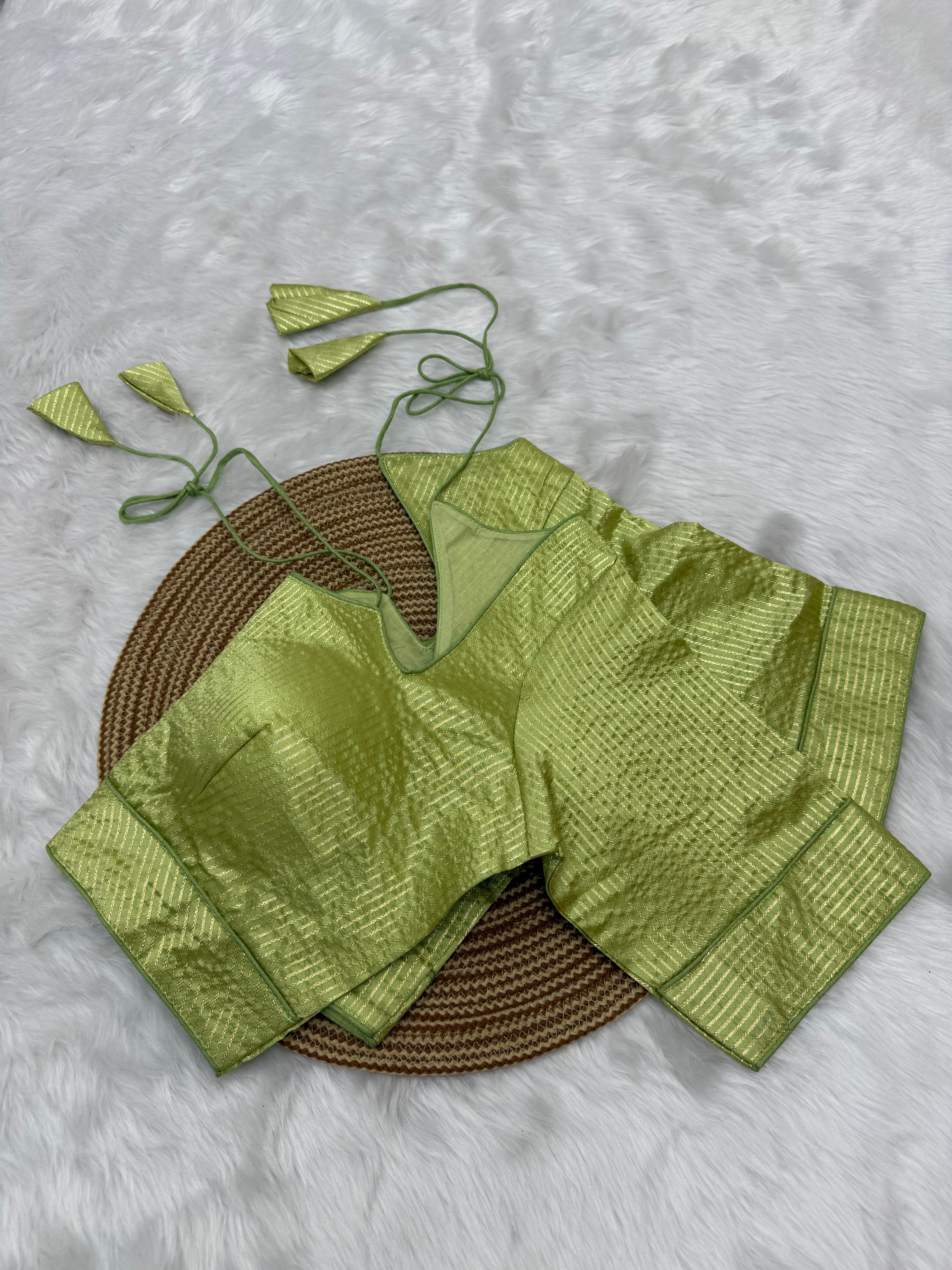 DESIGNER GOLD STRIPE SILK READYMADE BLOUSE - GREEN