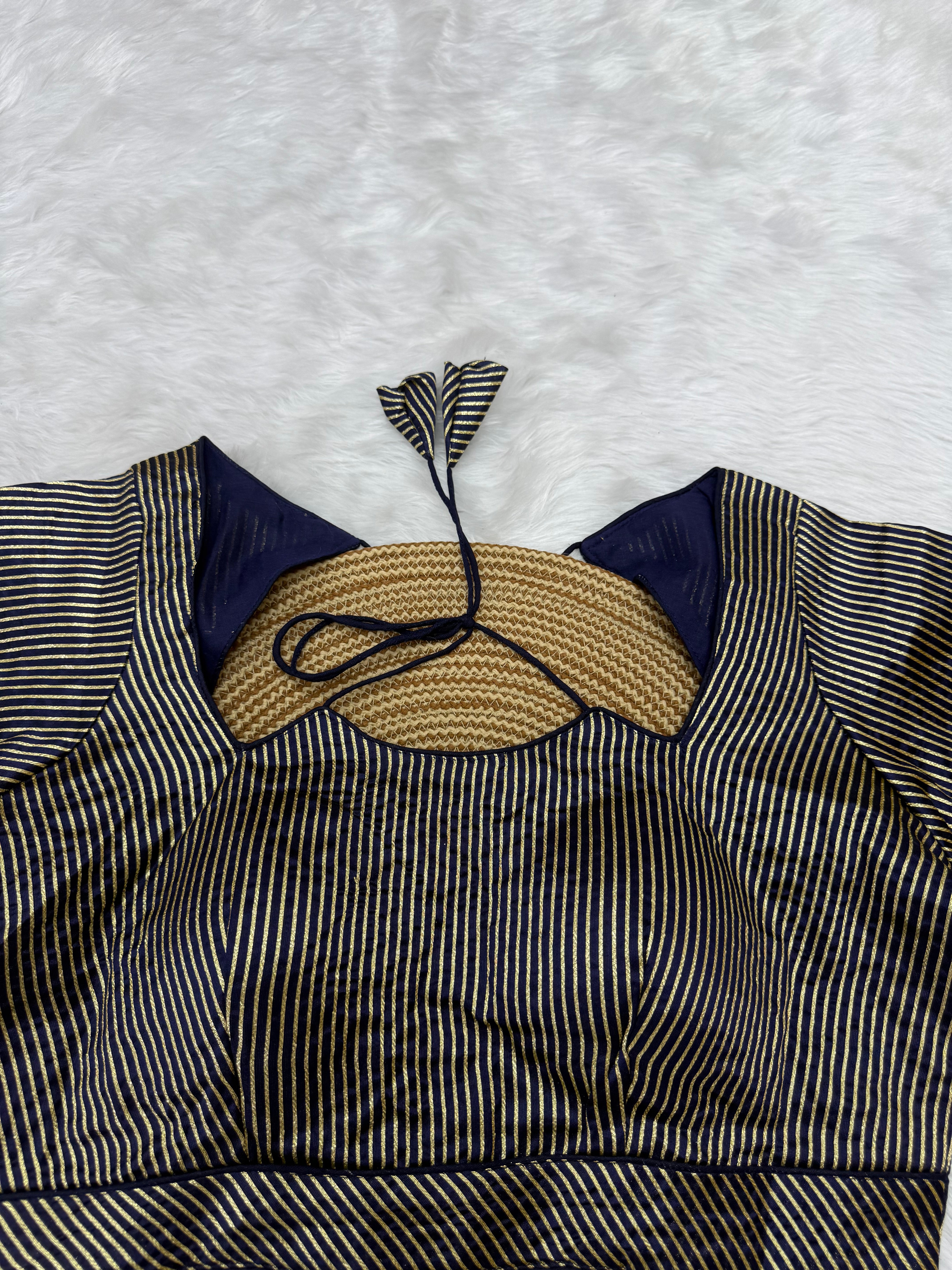 DESIGNER GOLD STRIPE SILK READYMADE BLOUSE - NAVY BLUE