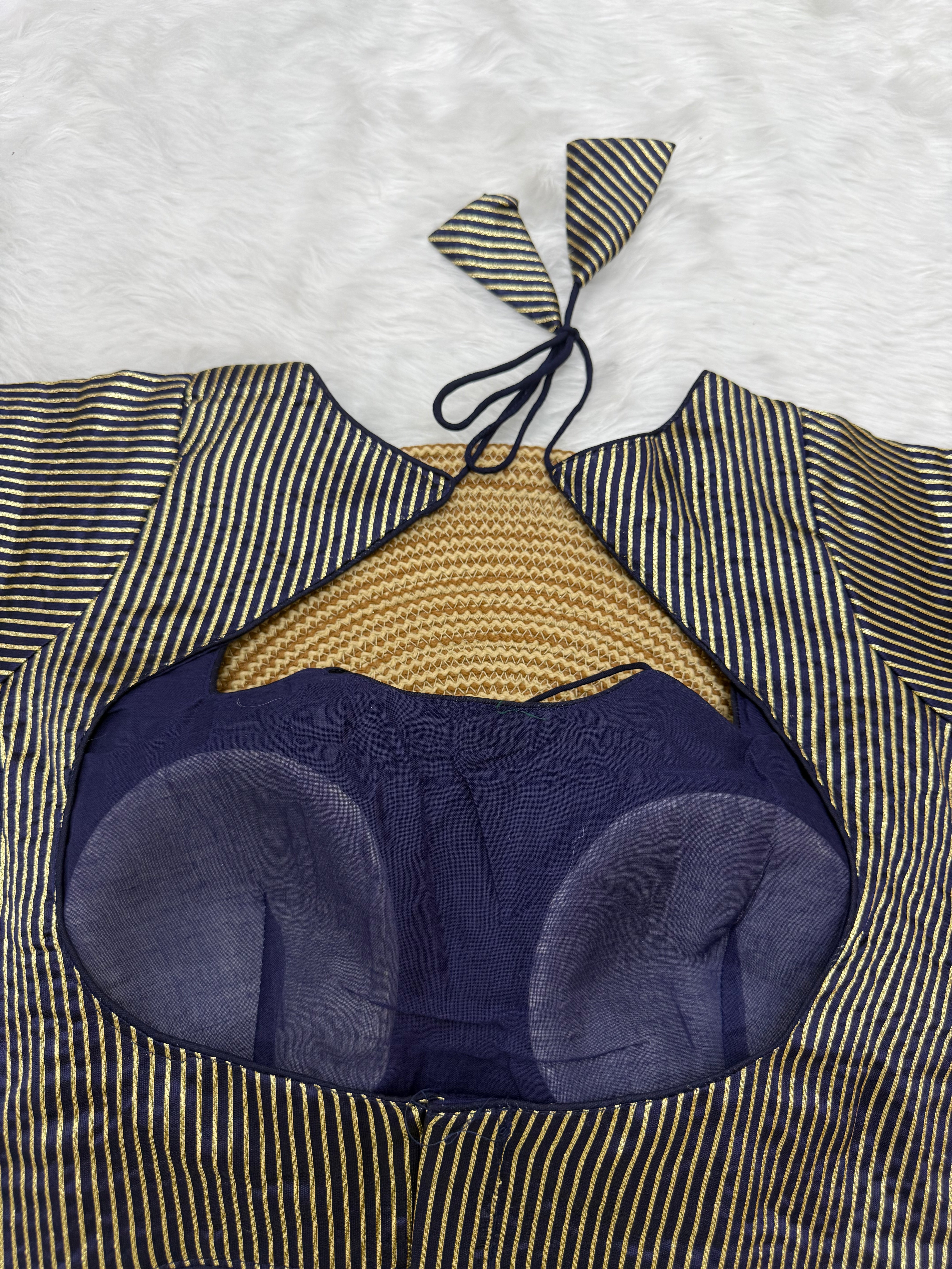 DESIGNER GOLD STRIPE SILK READYMADE BLOUSE - NAVY BLUE