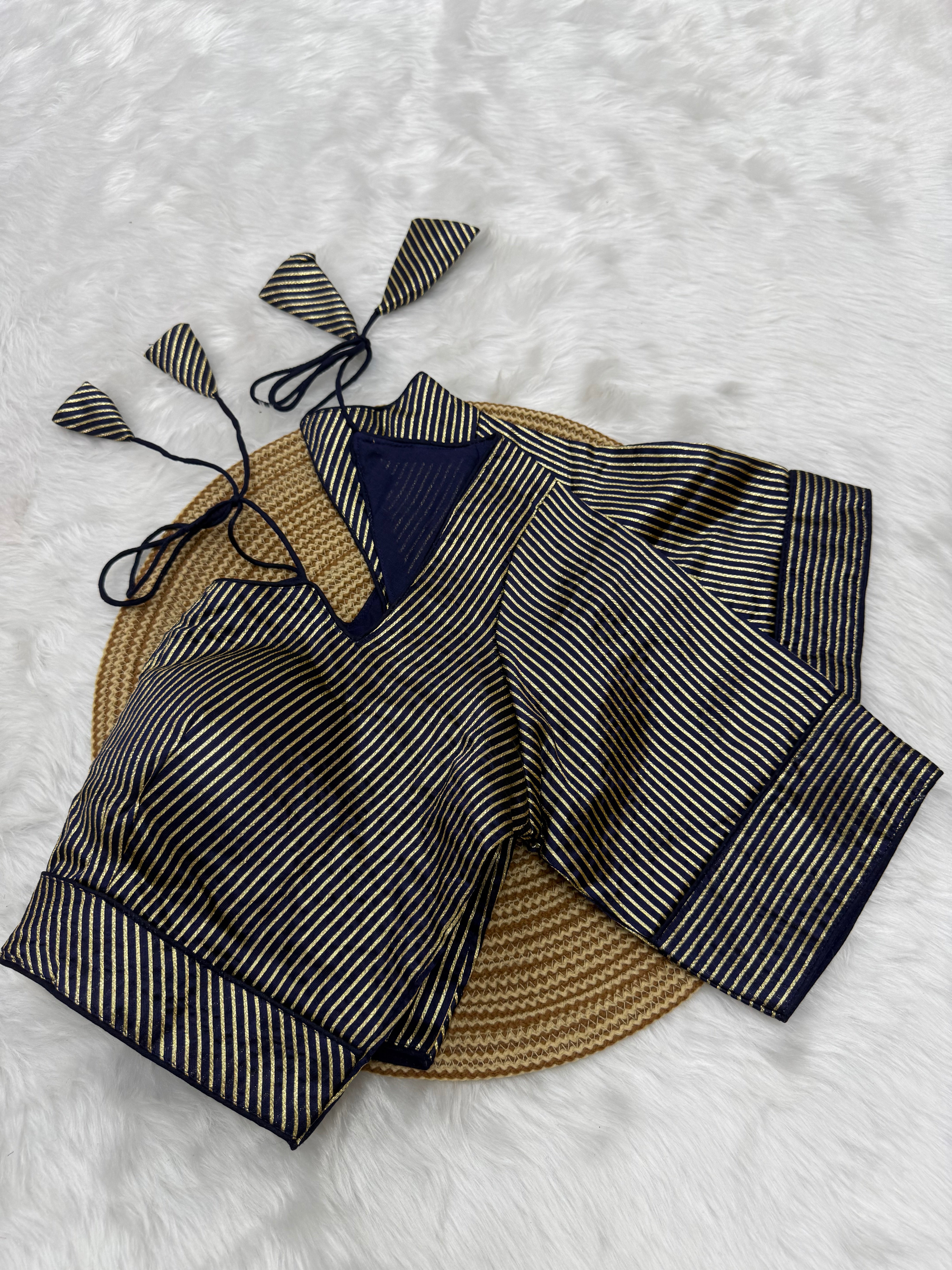 DESIGNER GOLD STRIPE SILK READYMADE BLOUSE - NAVY BLUE