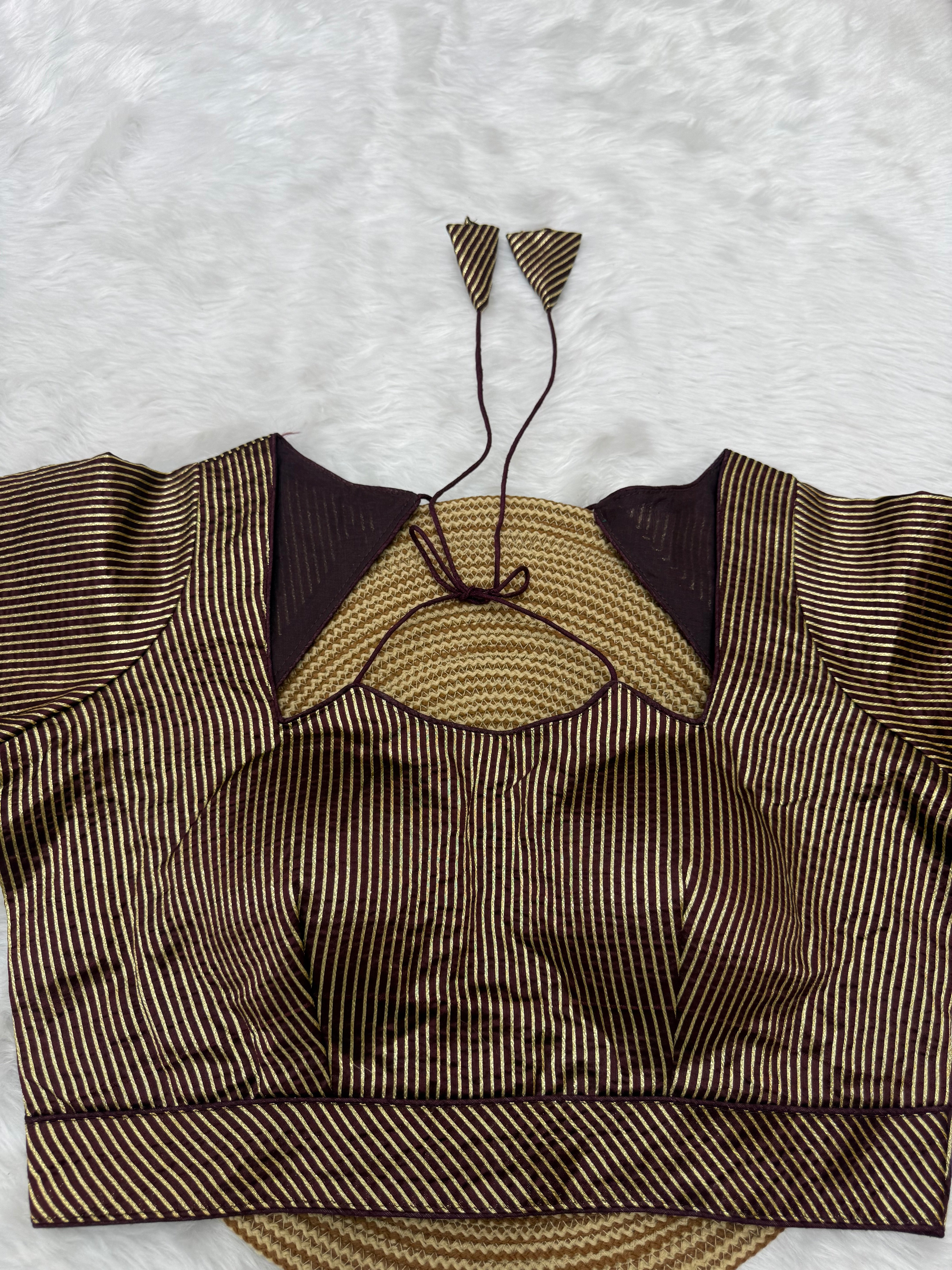 DESIGNER GOLD STRIPE SILK READYMADE BLOUSE - BROWN