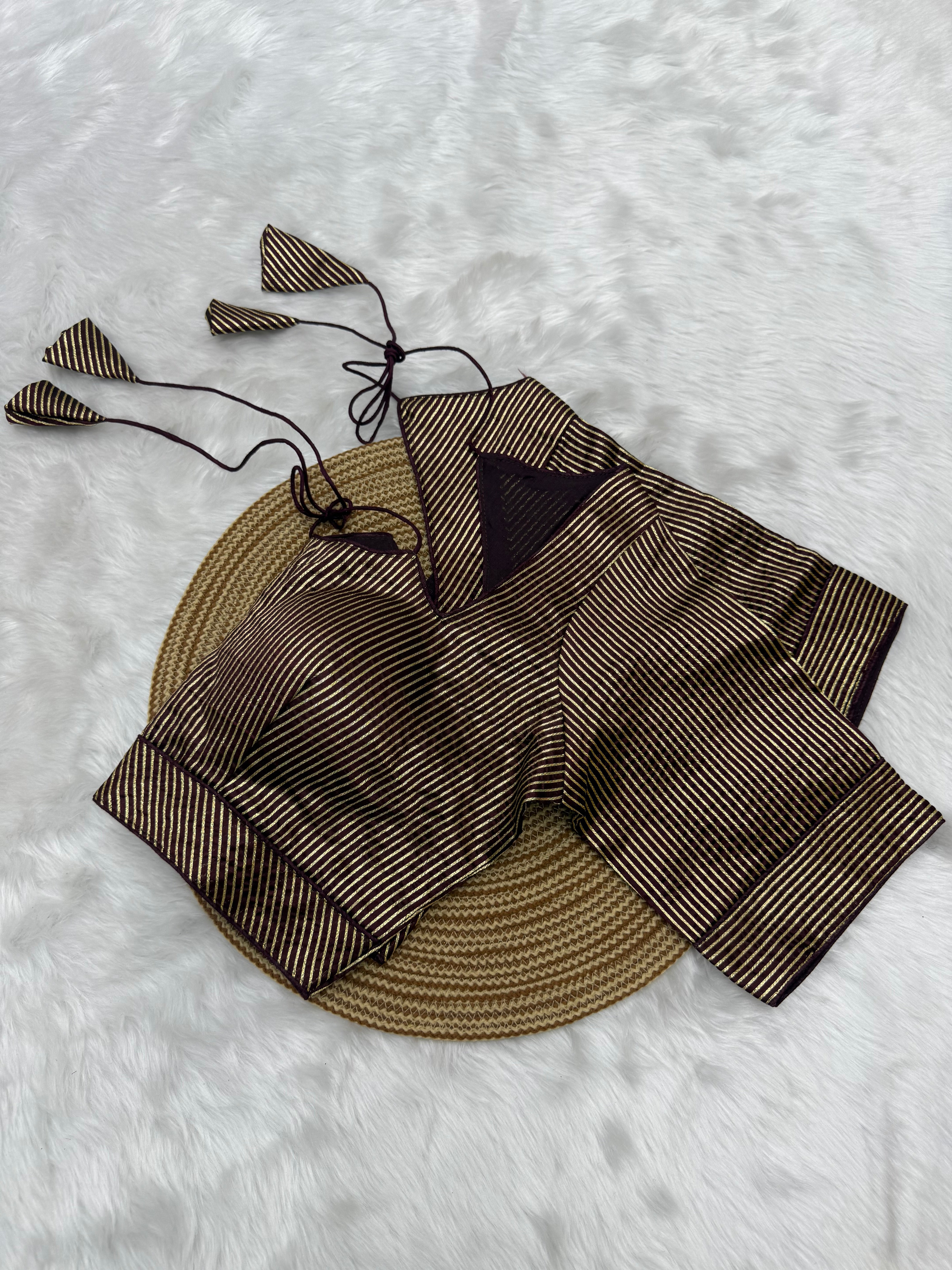 DESIGNER GOLD STRIPE SILK READYMADE BLOUSE - BROWN