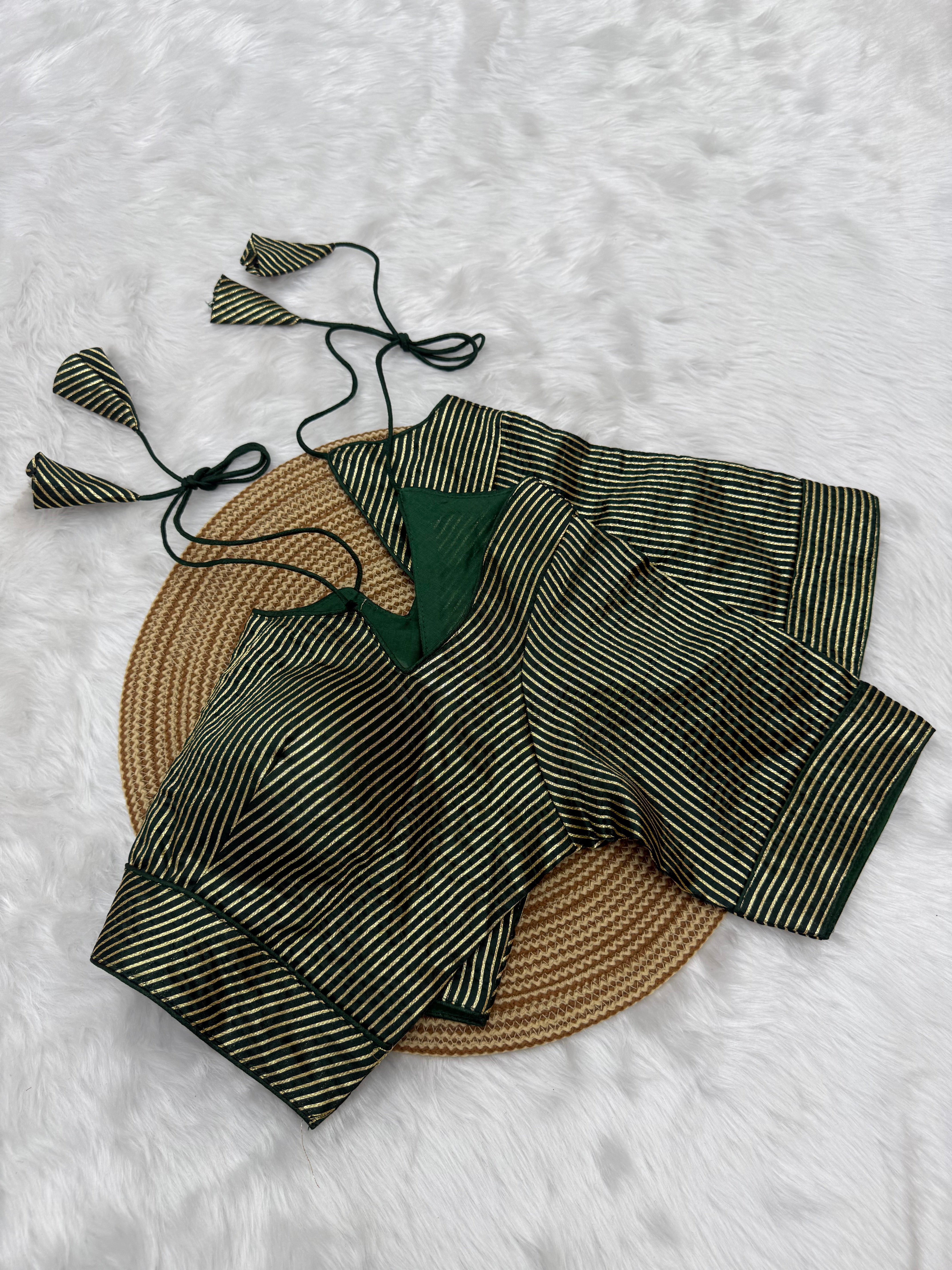 DESIGNER GOLD STRIPE SILK READYMADE BLOUSE - GREEN
