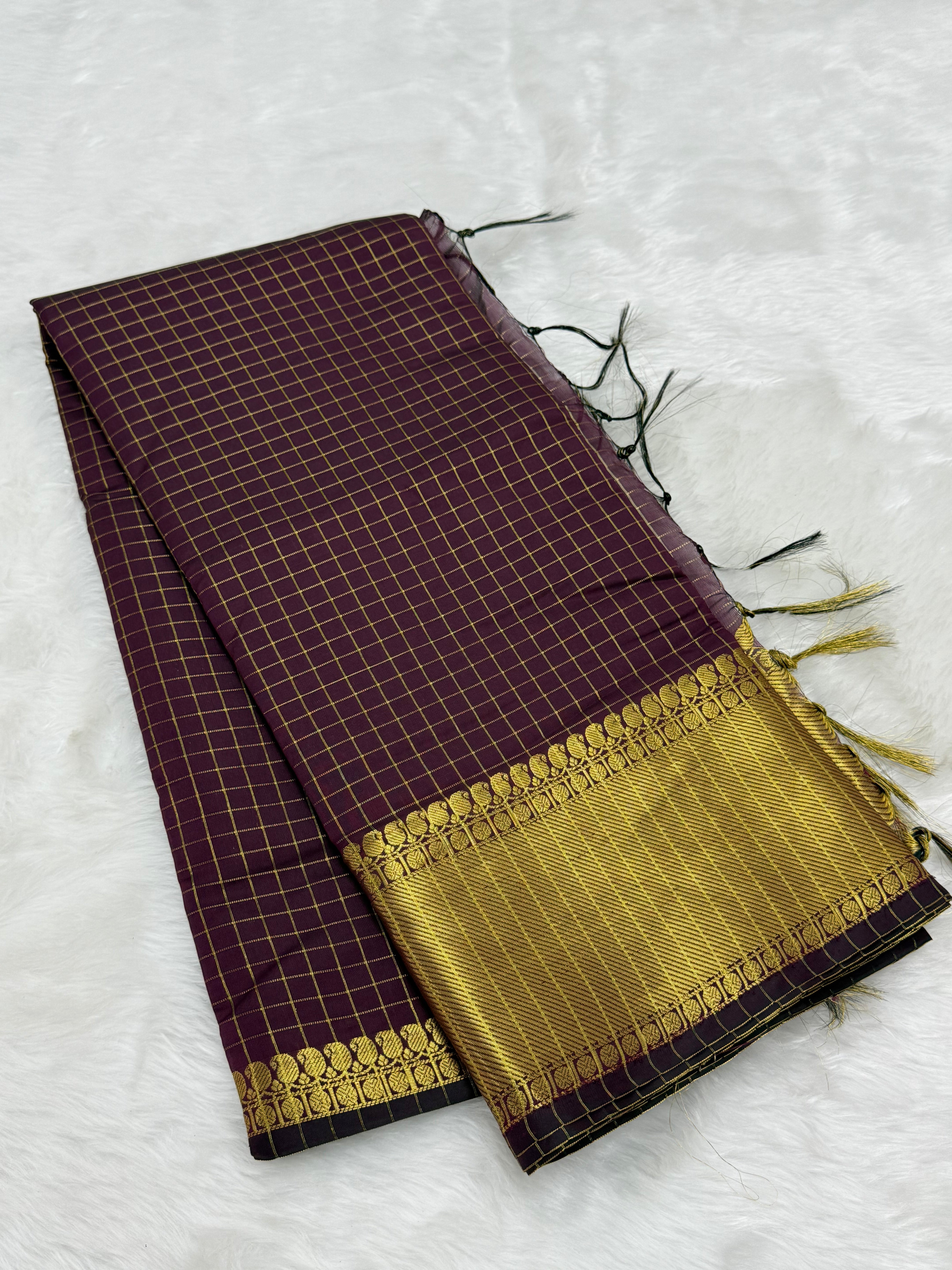 CHECKERED PATTERN BANARASI SILK SAREE - MAROON
