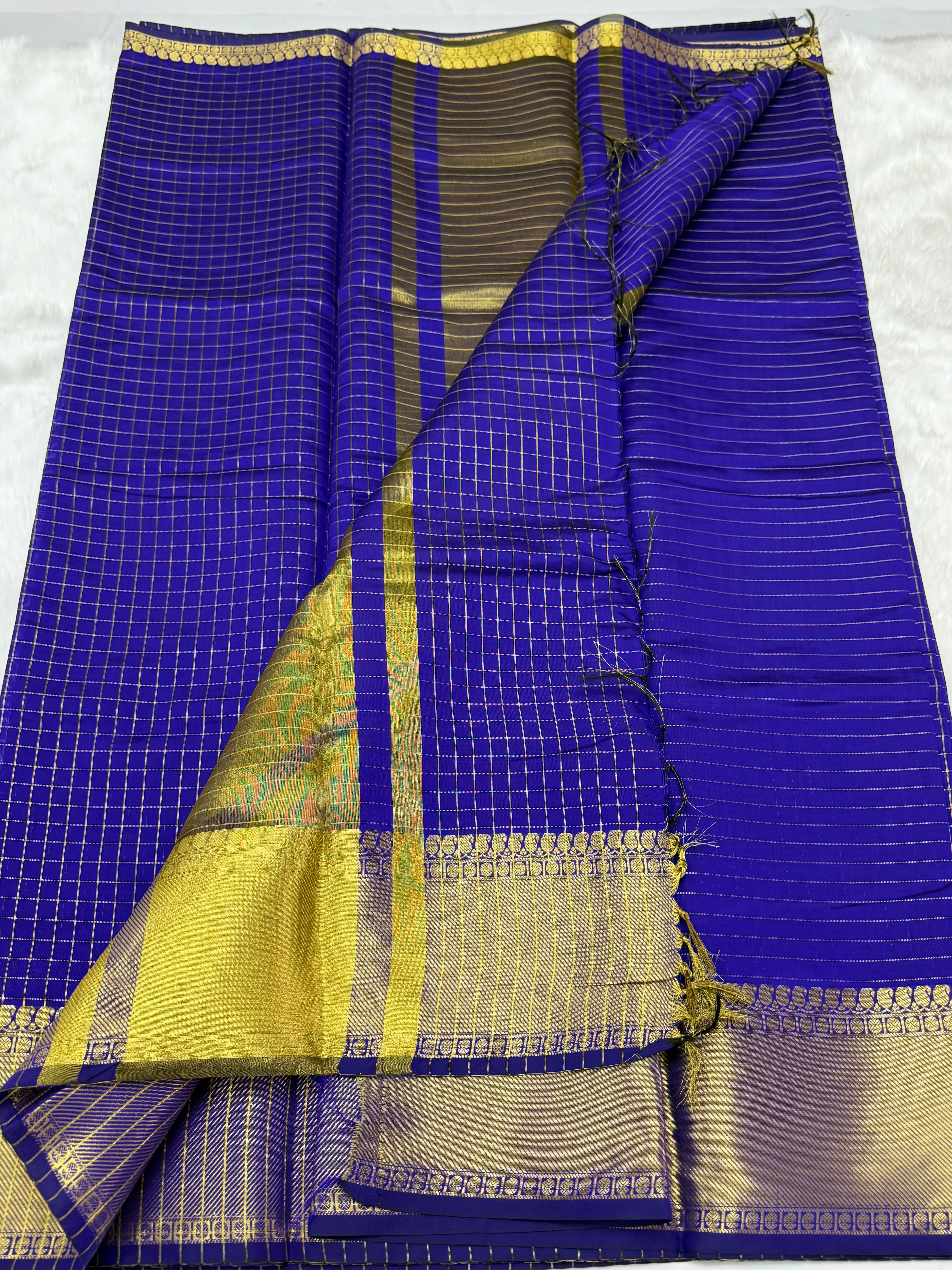 CHECKERED PATTERN BANARASI SILK SAREE - BLUE