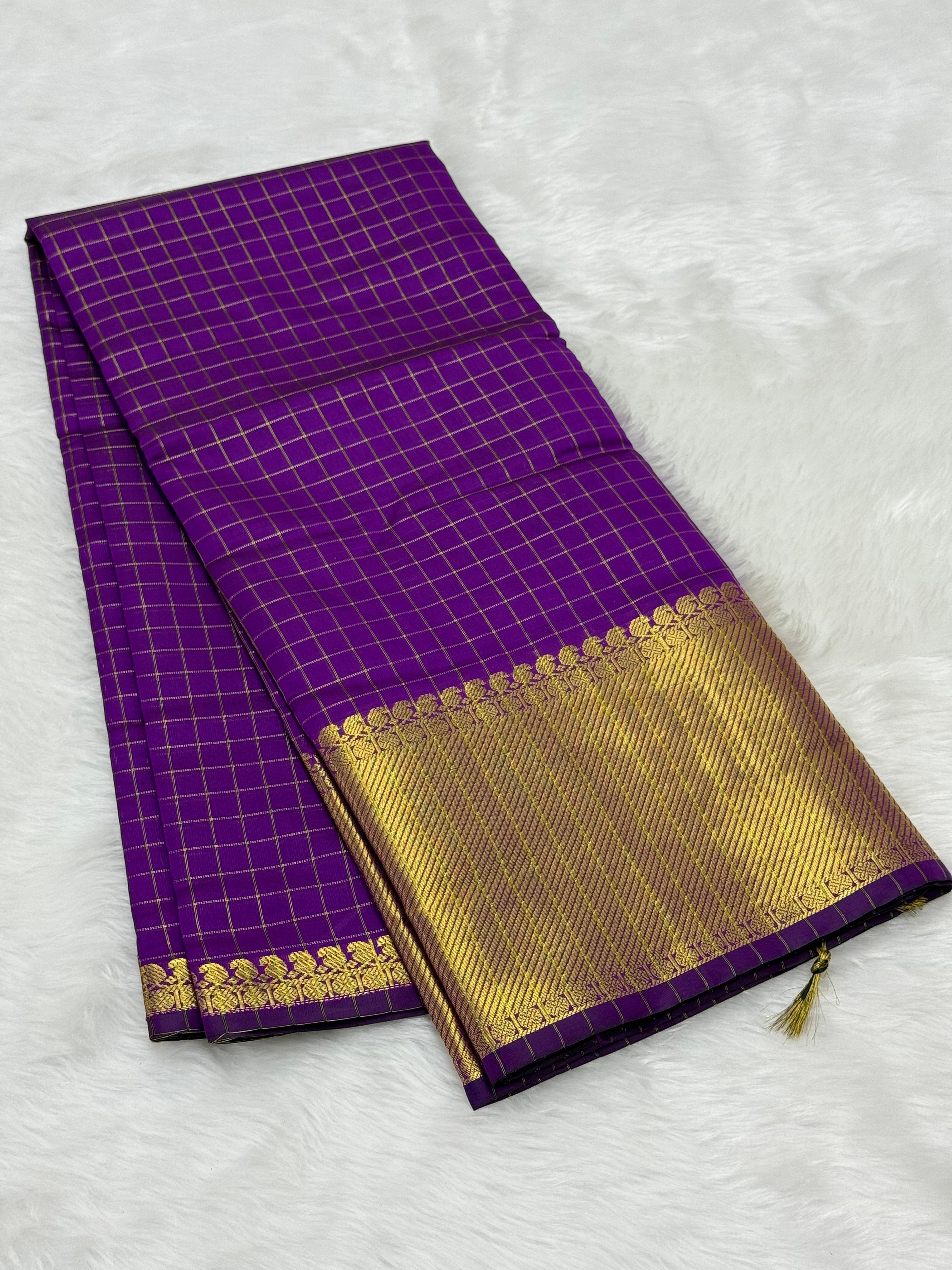 CHECKERED PATTERN BANARASI SILK SAREE - VIOLET