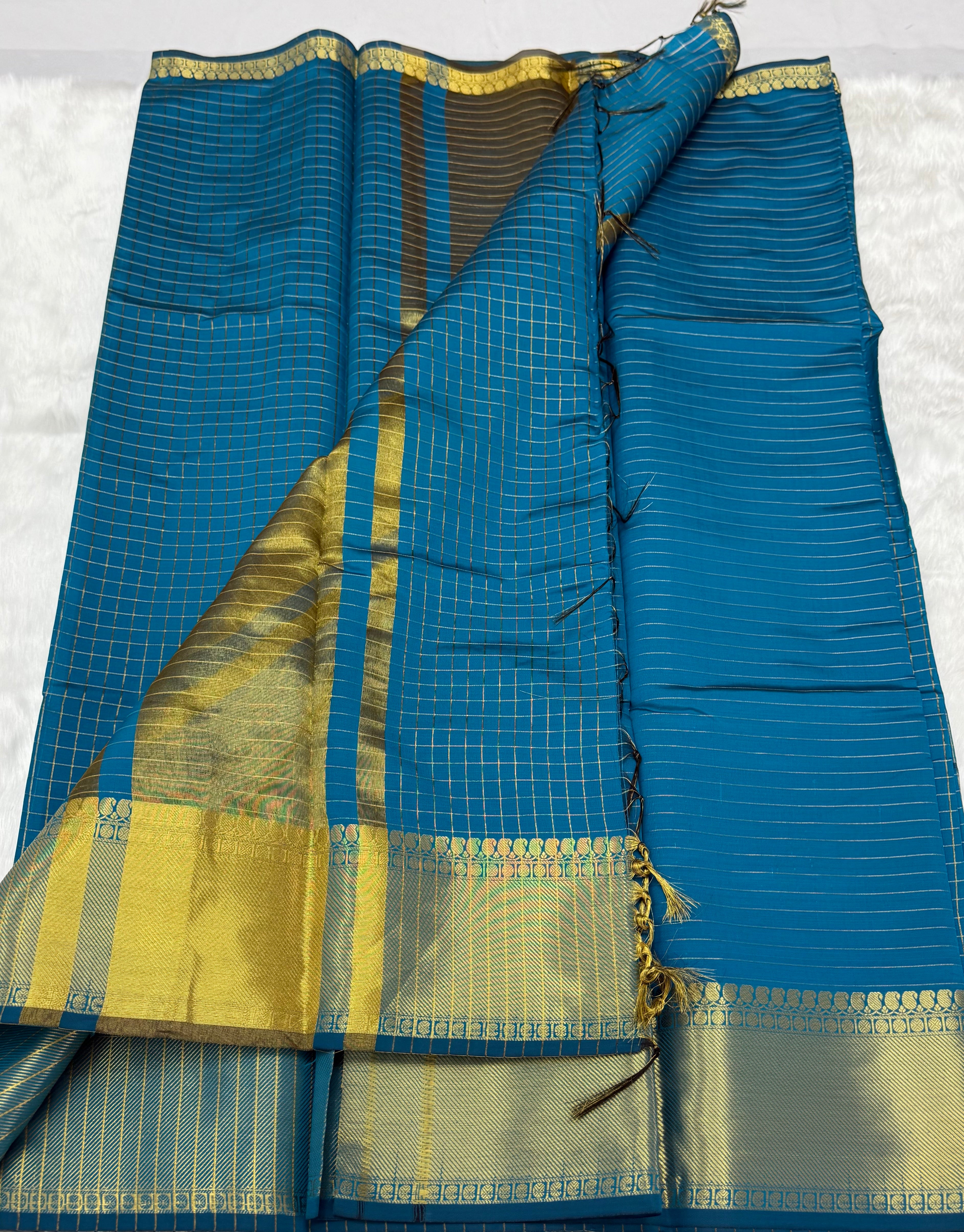 CHECKERED PATTERN BANARASI SILK SAREE - TEAL