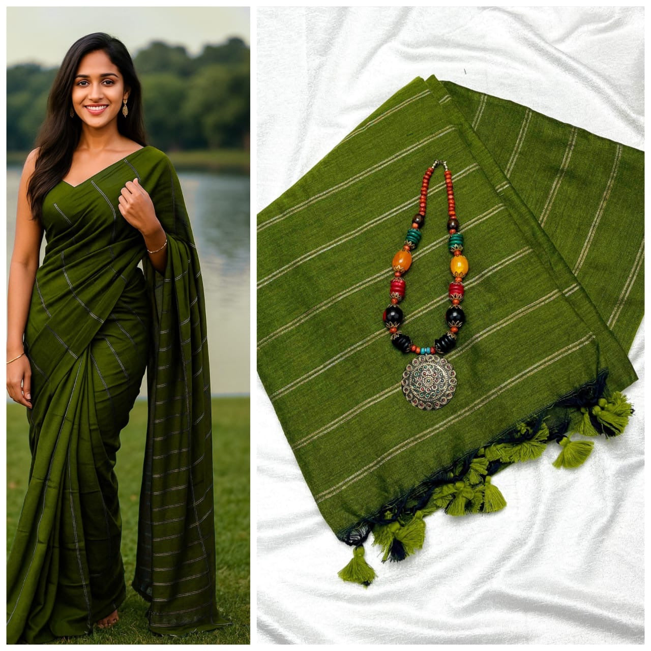 PREMIUM DUAL STRIPE KHADI COTTON SAREES - GREEN